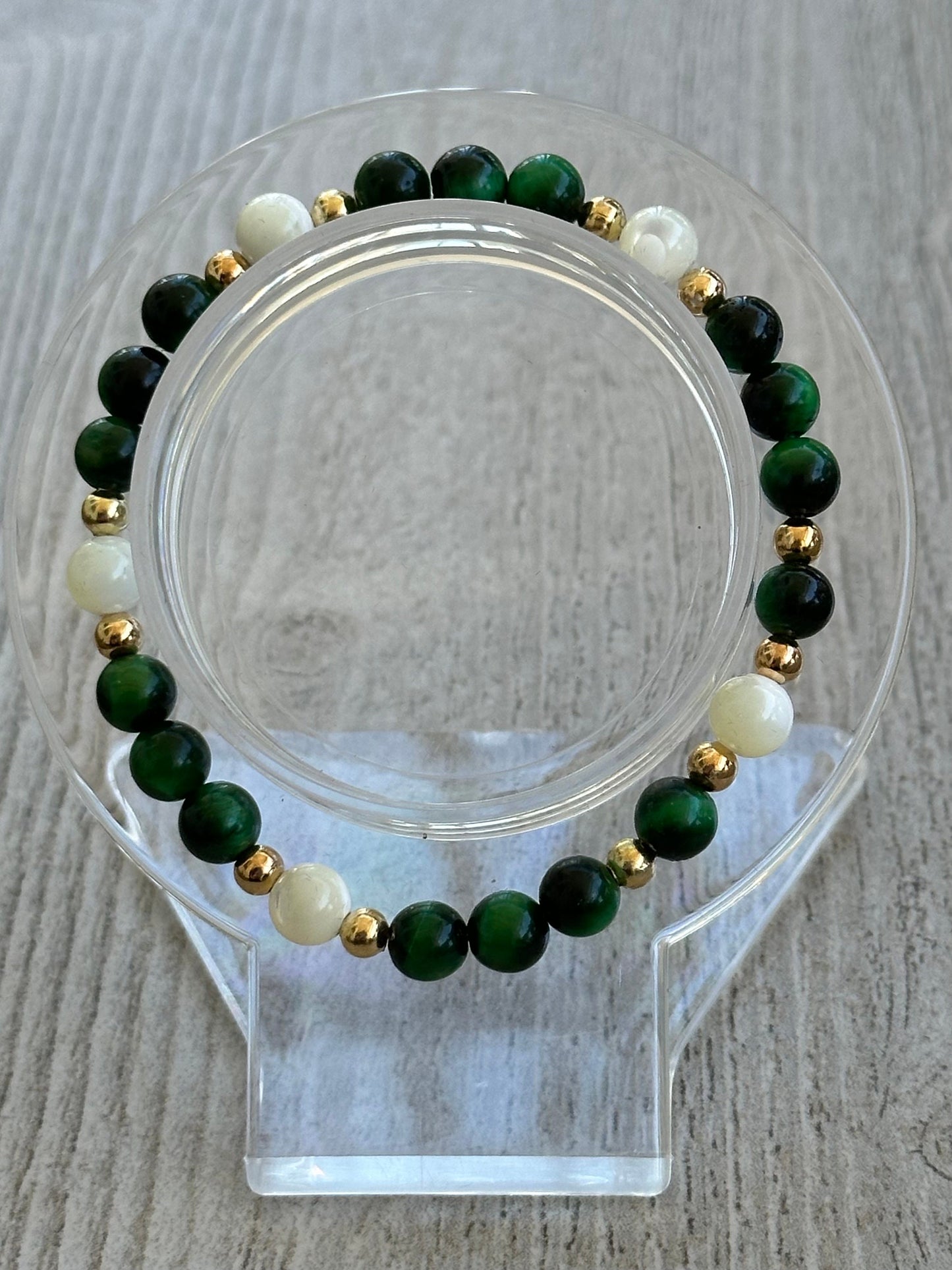 Balance, Courage, Stability, Anxiety, Heart Chakra, Spirituality, Strength, Willpower, Grounding, Green Tiger Eye Stretch Bracelet, 6.5”