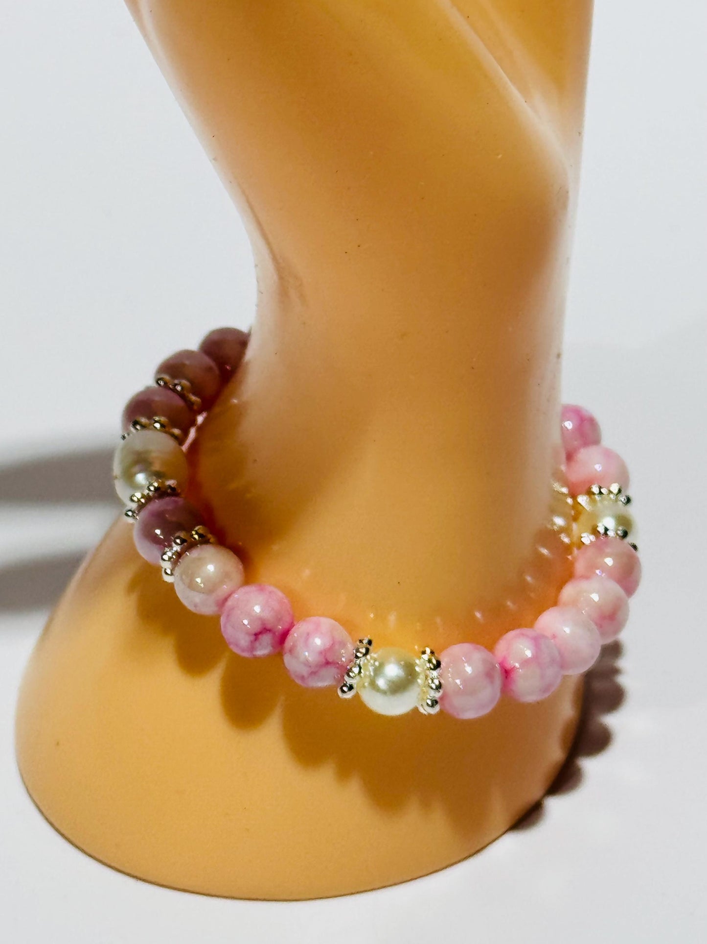 Pink Opalescent Crystal Bracelet, Pearl Stretch Bracelet, Fresh Water Pearl Bracelet, Boho Bracelet, Minimalist, Stacking, Gift 6.5”