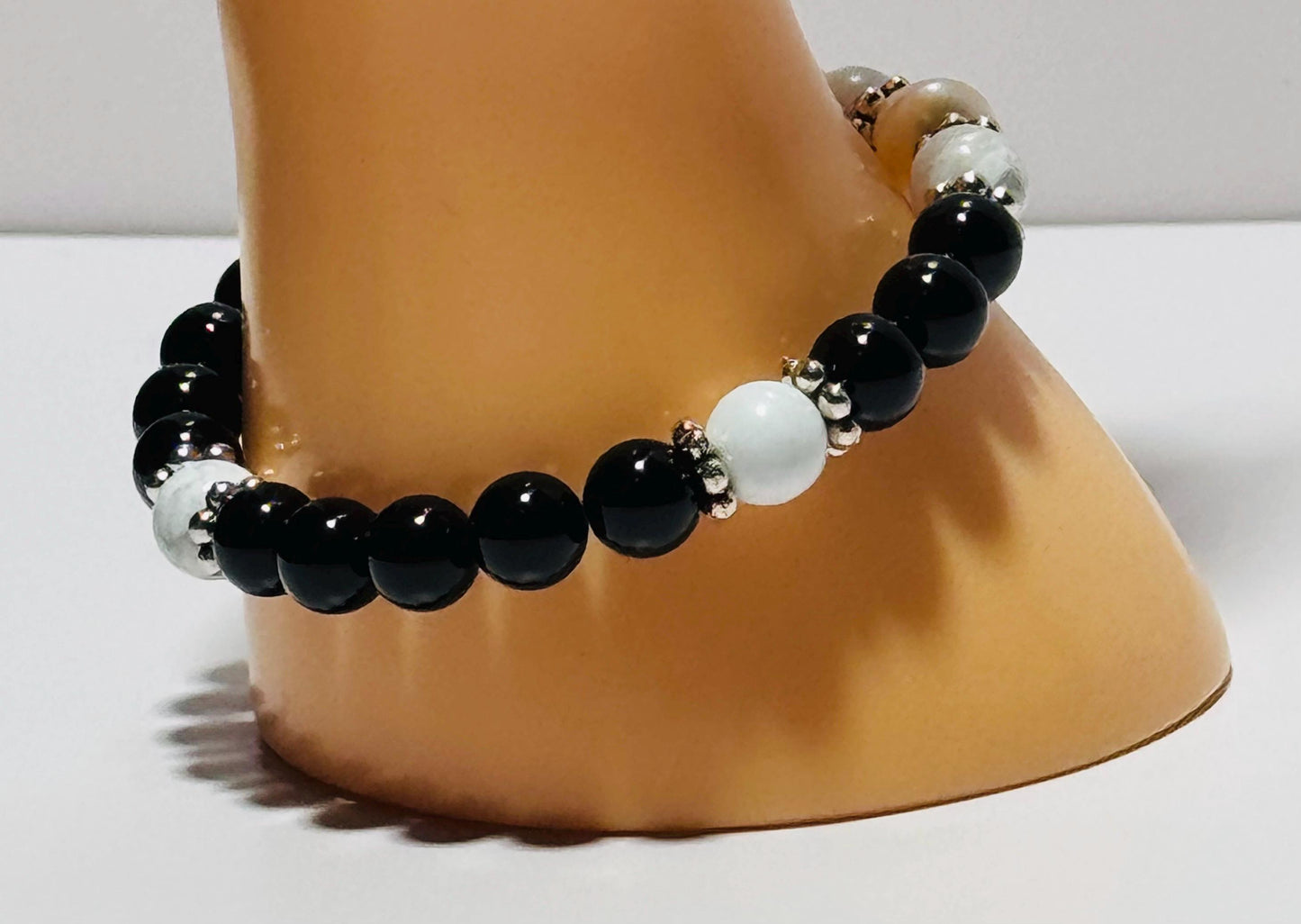 Natural Black Onyx Bracelet, Howlite Stretch Bracelet, Boho, Beaded, Pearl 6 1/2” Strength Confidence Beginnings Resilience Handmade