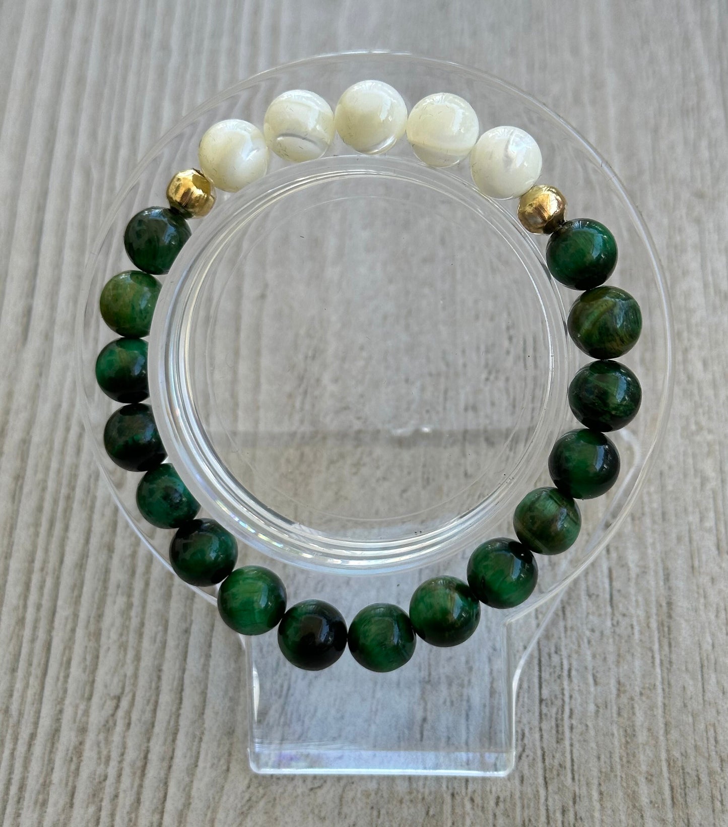 Peace, Love, Anxiety, Spiritual Growth, Balance, Heart Chakra, Stability, Courage, Strength, Green Tiger Eye Stretch Bracelet, 6.5”