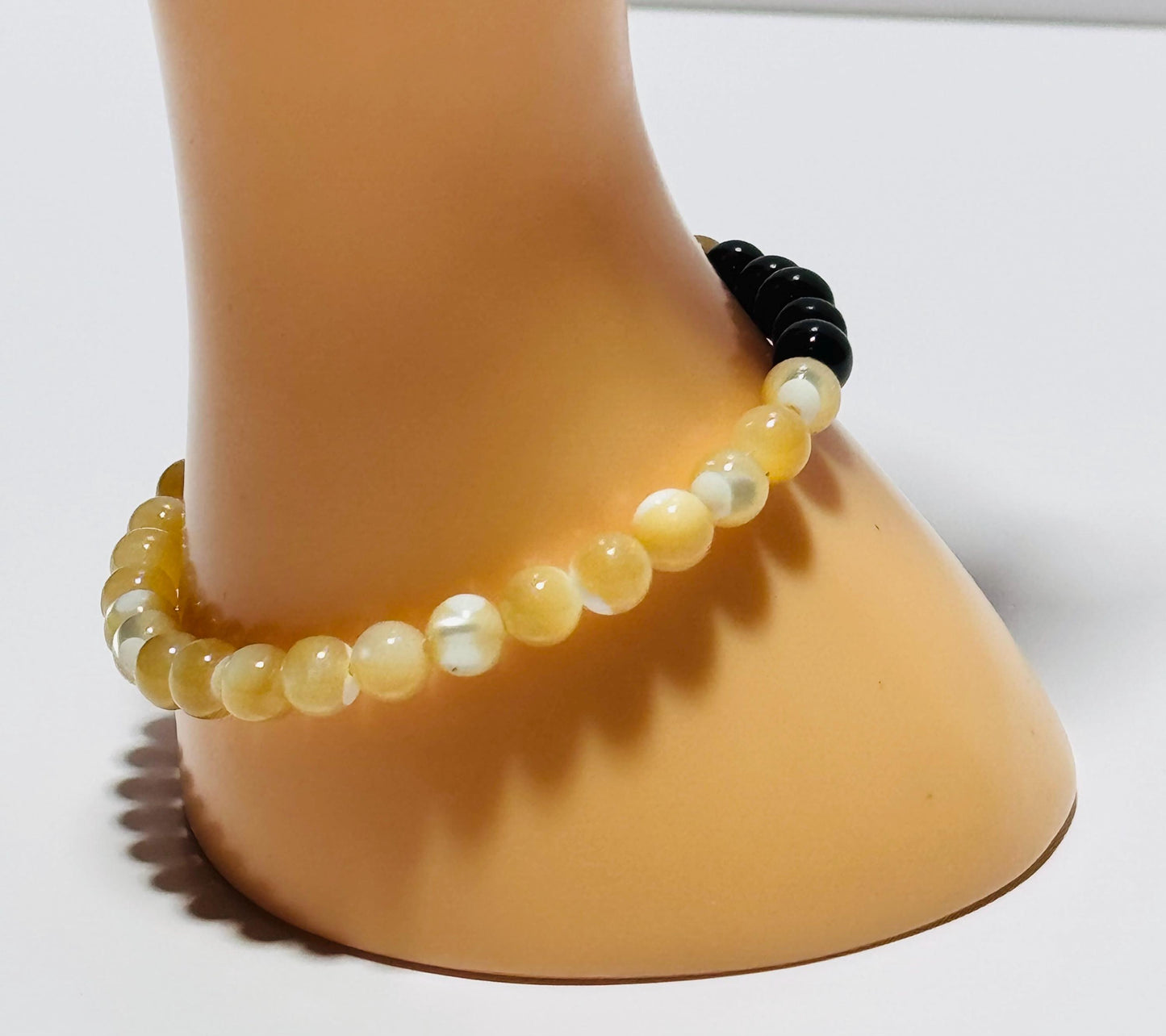 Perseverance, Love, Healing, Peace, Anxiety, Heart Chakra, Mother of Pearl Stretch Bracelet, Black Onyx Bracelet, Boho, Minimalist, 6.75”