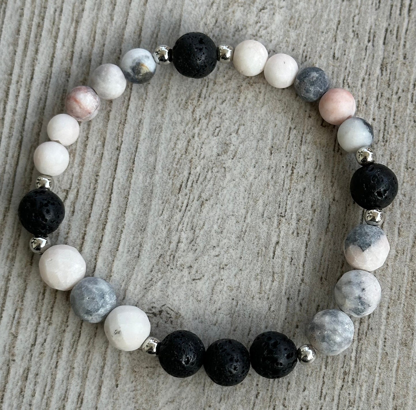 Anxiety Bracelet, Stress Bracelet, Empathy Bracelet, Peace Bracelet, Pink Zebra Jasper Bracelet, Black Lava Bracelet, Essential Oil, 6.5”