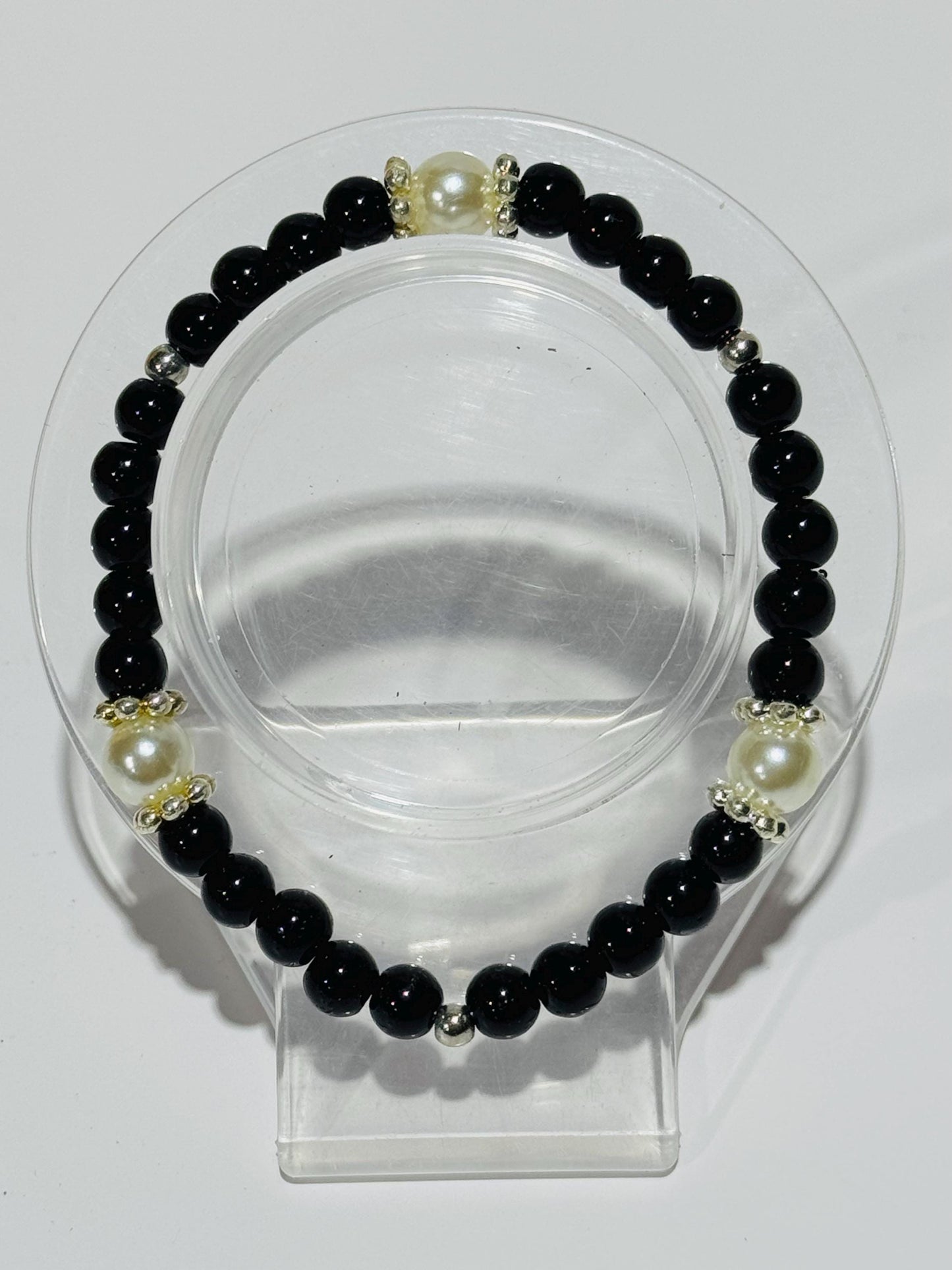 Black Onyx Bracelet, Stretch, Pearl Stretch Bracelet, Dainty, Boho, Gift, 7”, Beaded, Handmade, Confidence New Beginnings Resilience