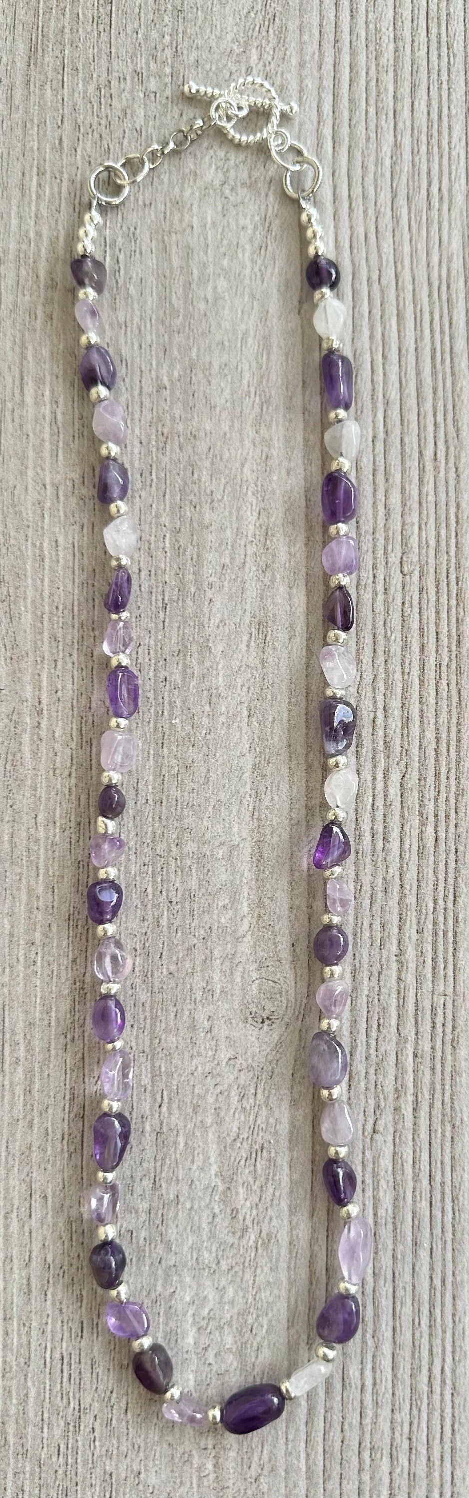 Amethyst Necklace, Minimalist, Beaded Necklace, Gemstone Necklace, Mini Chunk Semi Precious Stones, Gift For Her, 22 1/2”, Peace, Tranquili