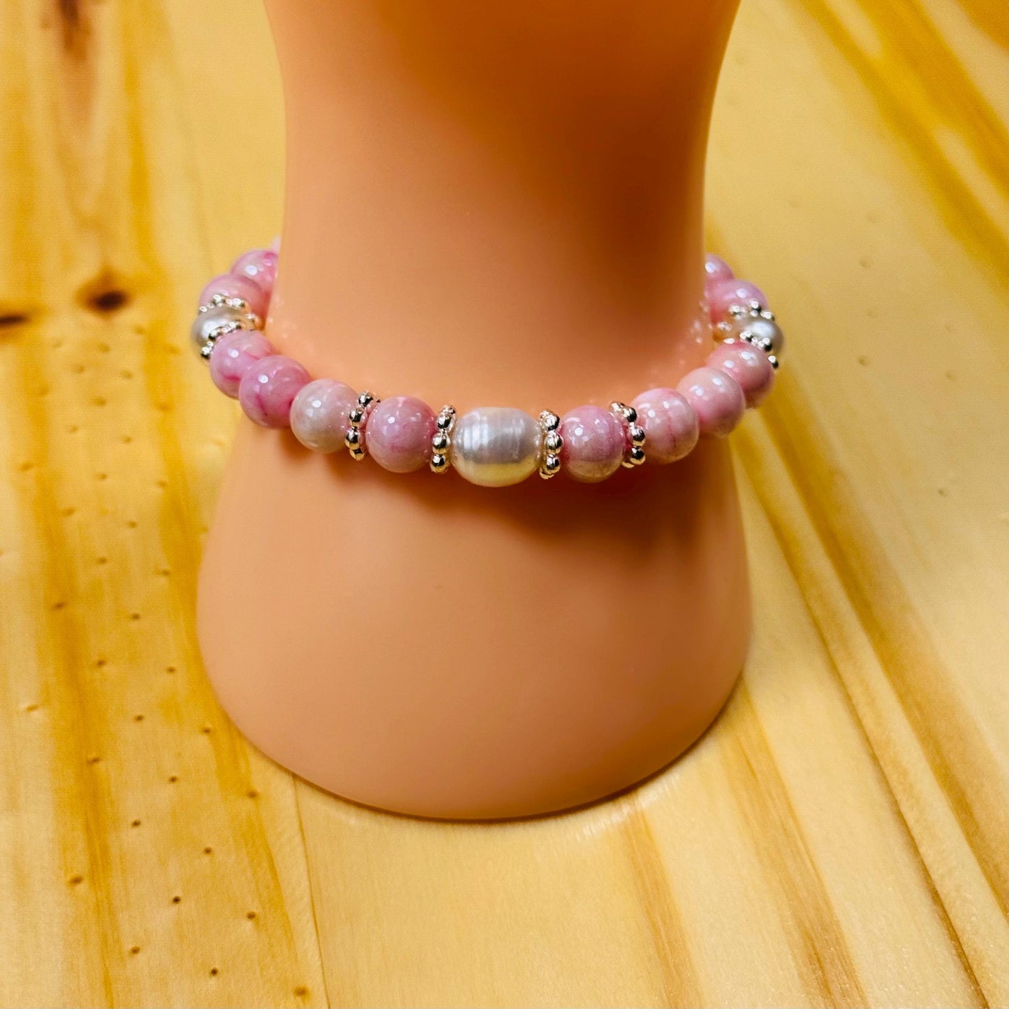 Pink Opalescent Crystal Bracelet, Pearl Stretch Bracelet, Fresh Water Pearl Bracelet, Boho Bracelet, Minimalist, Stacking, Gift 6.5”
