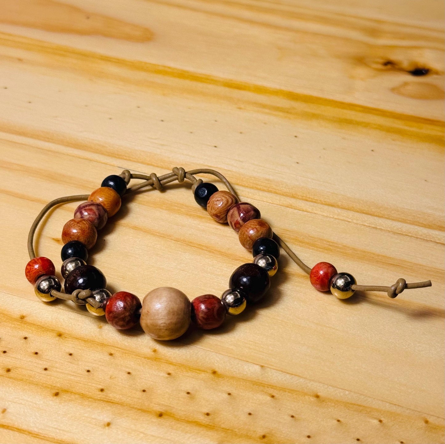 Biker Wood Bracelet, Adjustable Wood Motorcycle Bracelet, Wood Bracelet, Leather Cord, 6” - 9 1/2”