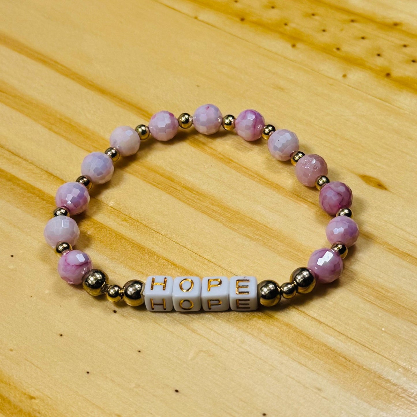 Hope Charm Stretch Bracelet, Dainty Pink Faceted Crystal Bead Bracelet, Pink Boho Bracelet, Minimalist, Stacking Bracelet, Gift, 6.5”