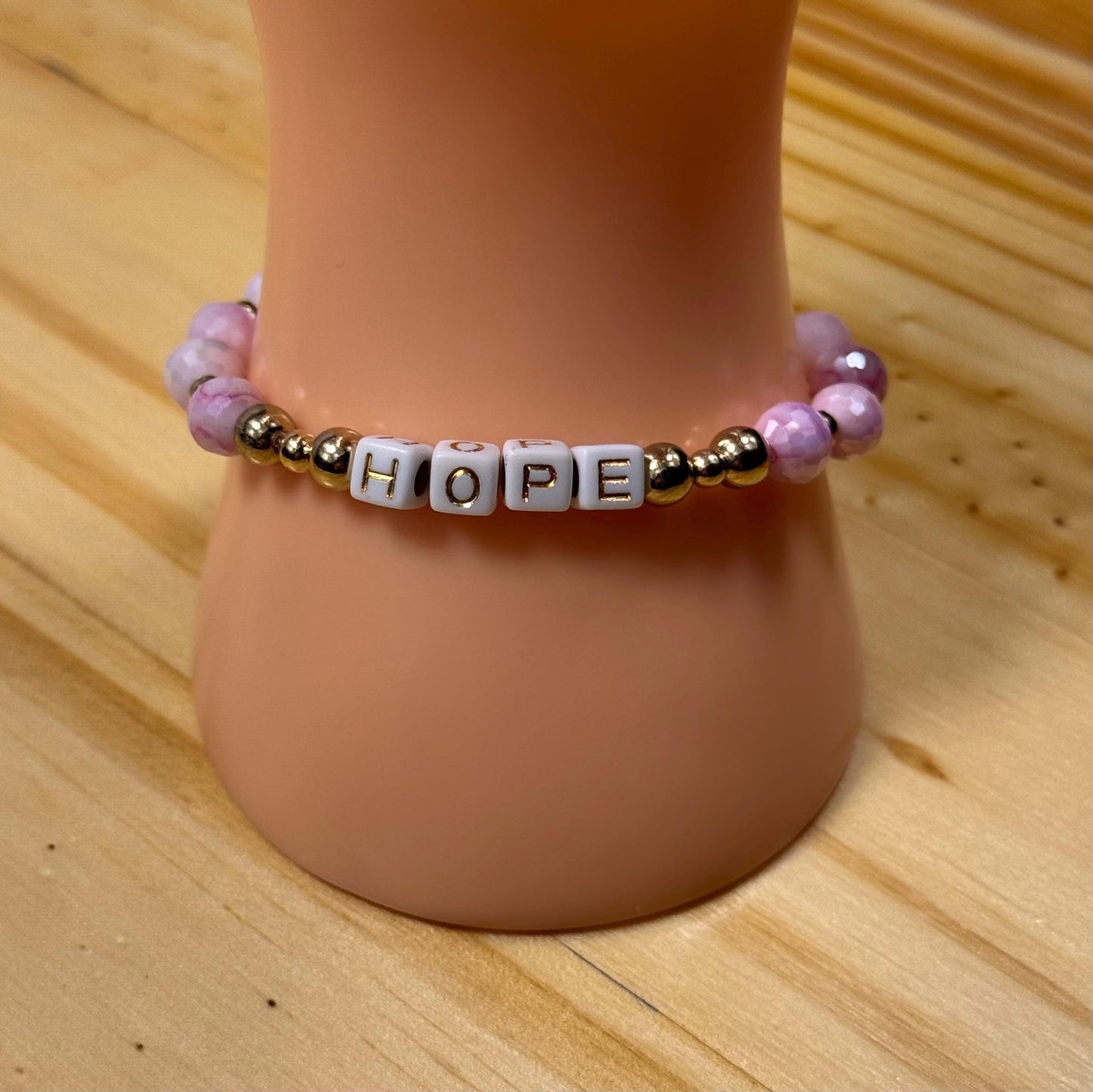 Hope Charm Stretch Bracelet, Dainty Pink Faceted Crystal Bead Bracelet, Pink Boho Bracelet, Minimalist, Stacking Bracelet, Gift, 6.5”