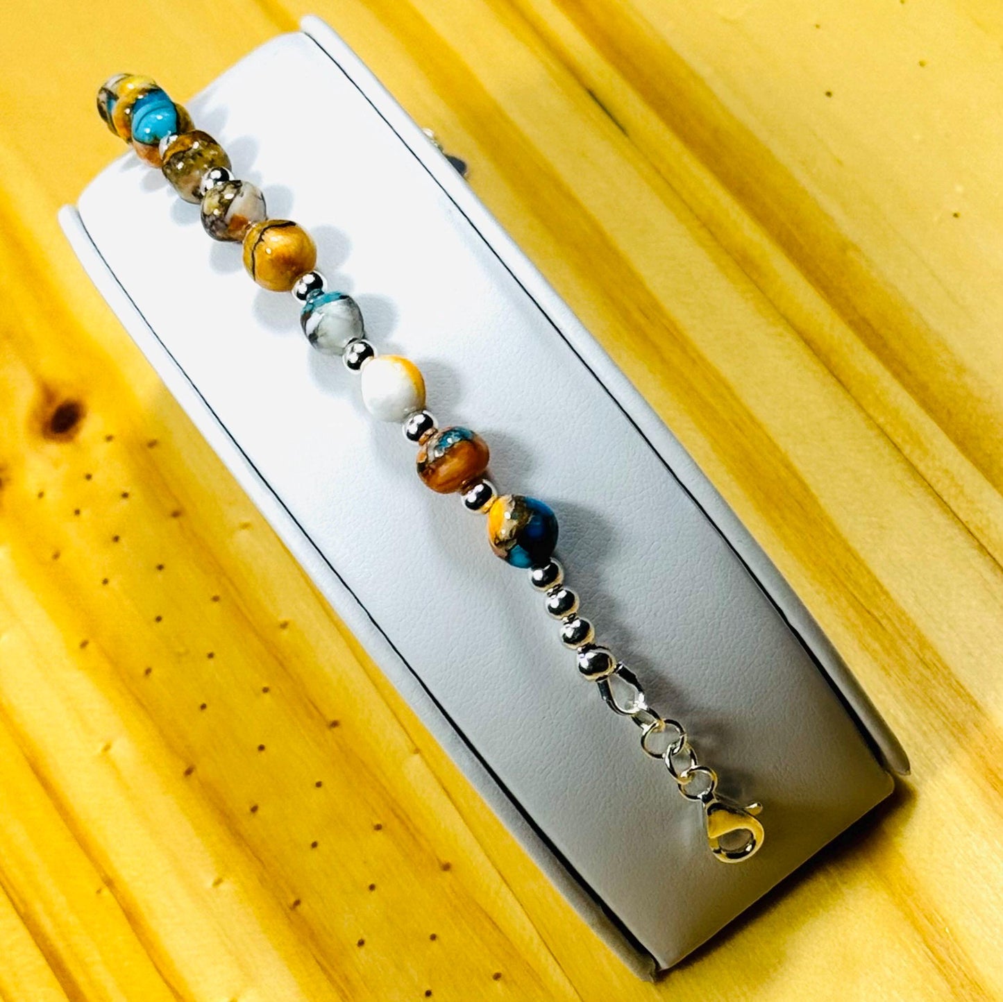 Handcrafted Kingman Bronze Spiny Oyster Turquoise Bracelet, 925 Sterling Silver, Adjustable with Extender Chain. 7” - 8.25”