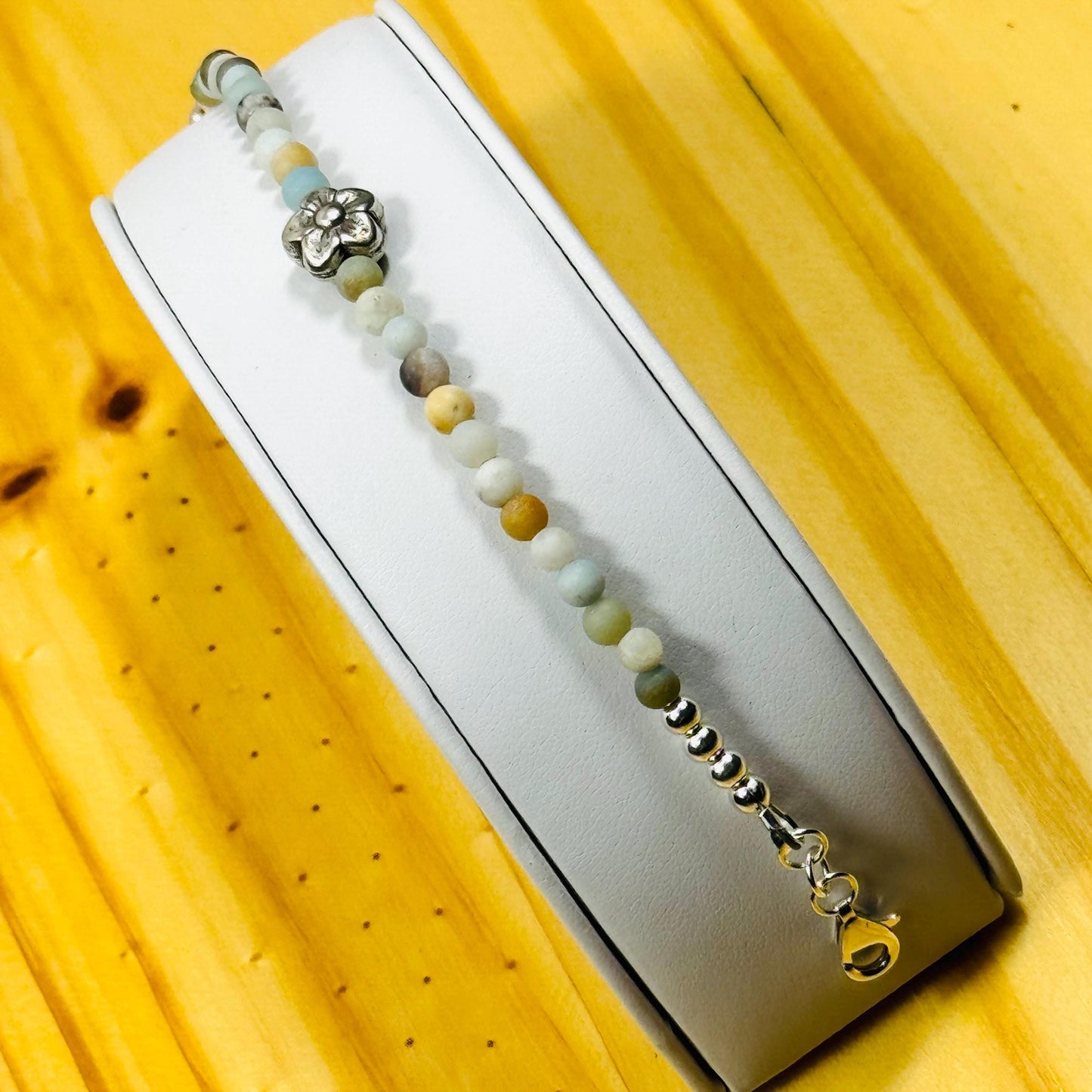 Handcrafted Amazonite Bracelet, 925 Sterling Silver, Karen Hill Tribe Floral Centerpiece, Adjustable with Extender Chain 6.5” - 7.75”