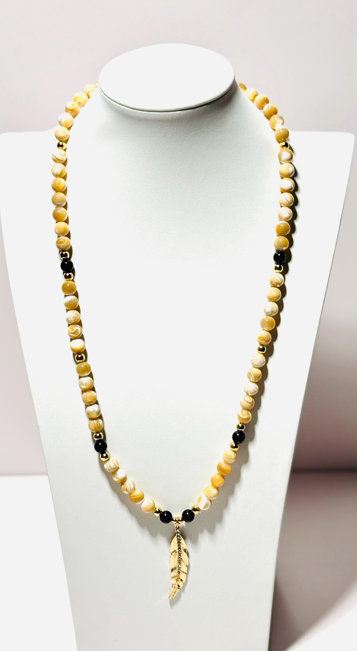 Mother of Pearl Pendant Necklace, Leaf Pendant, Black Onyx, Tiny Rhinestones, Chunky, Boho, Bohemian, Gift for Her, 28”