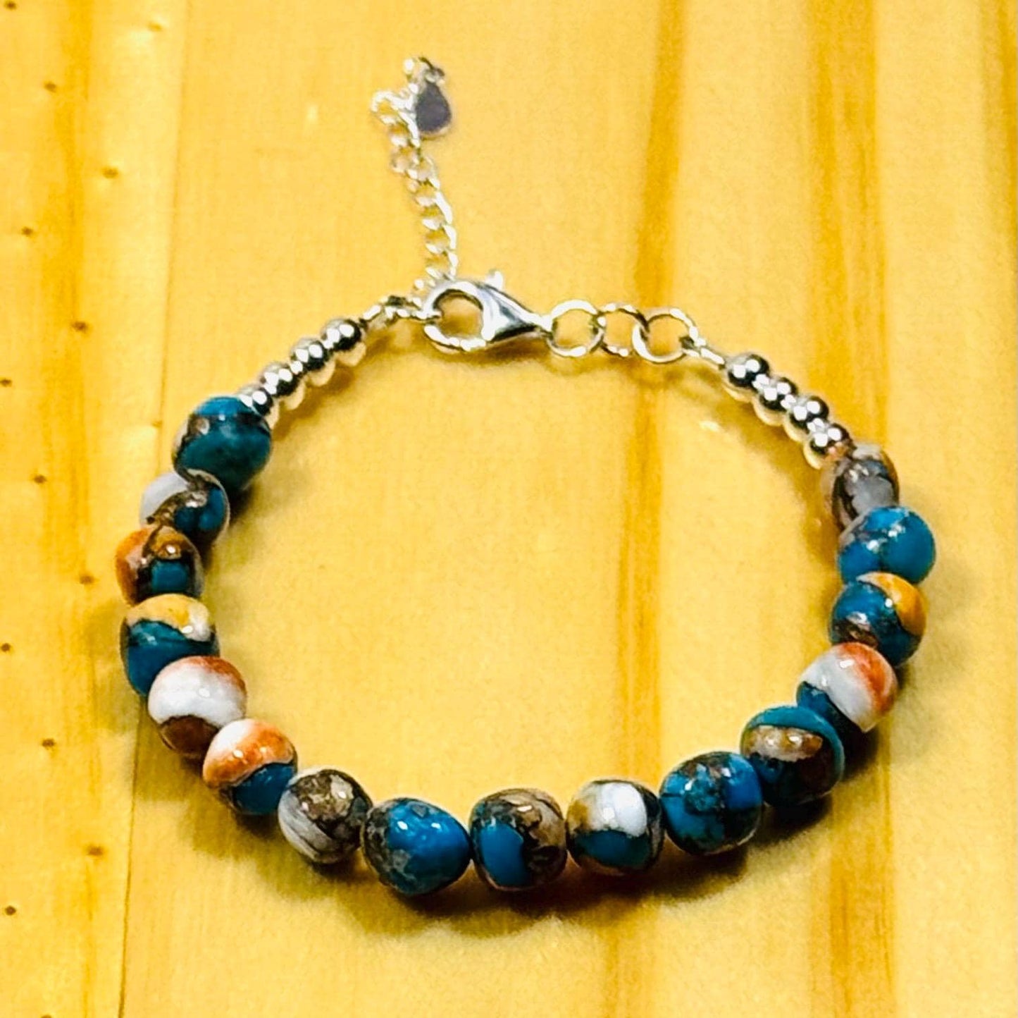 Handcrafted Kingman Bronze Spiny Oyster Turquoise Bracelet, 925 Sterling Silver, Adjustable with Extender Chain. 6.25” - 7.5”