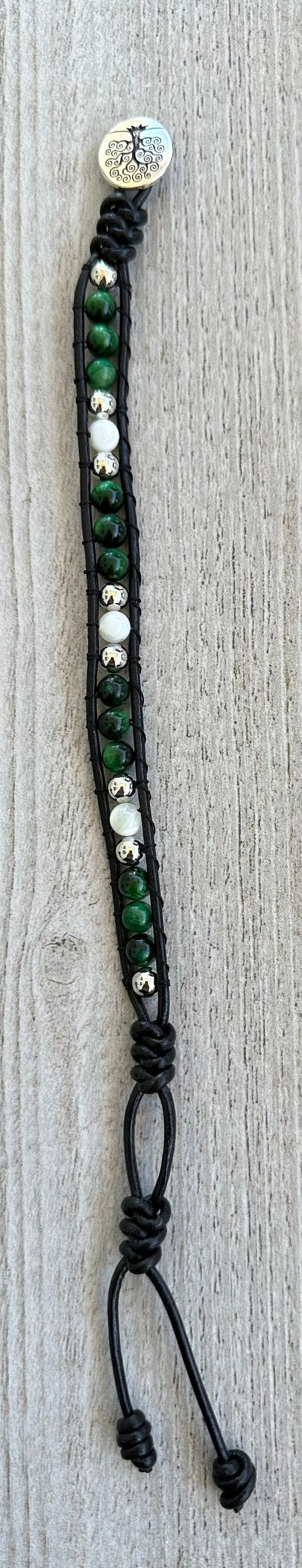 White Mother of Pearl Leather Wrap Bracelet, Boho, Green Tiger Eye Leather Bracelet, Beaded, 7 3/4”-8” Prosperity