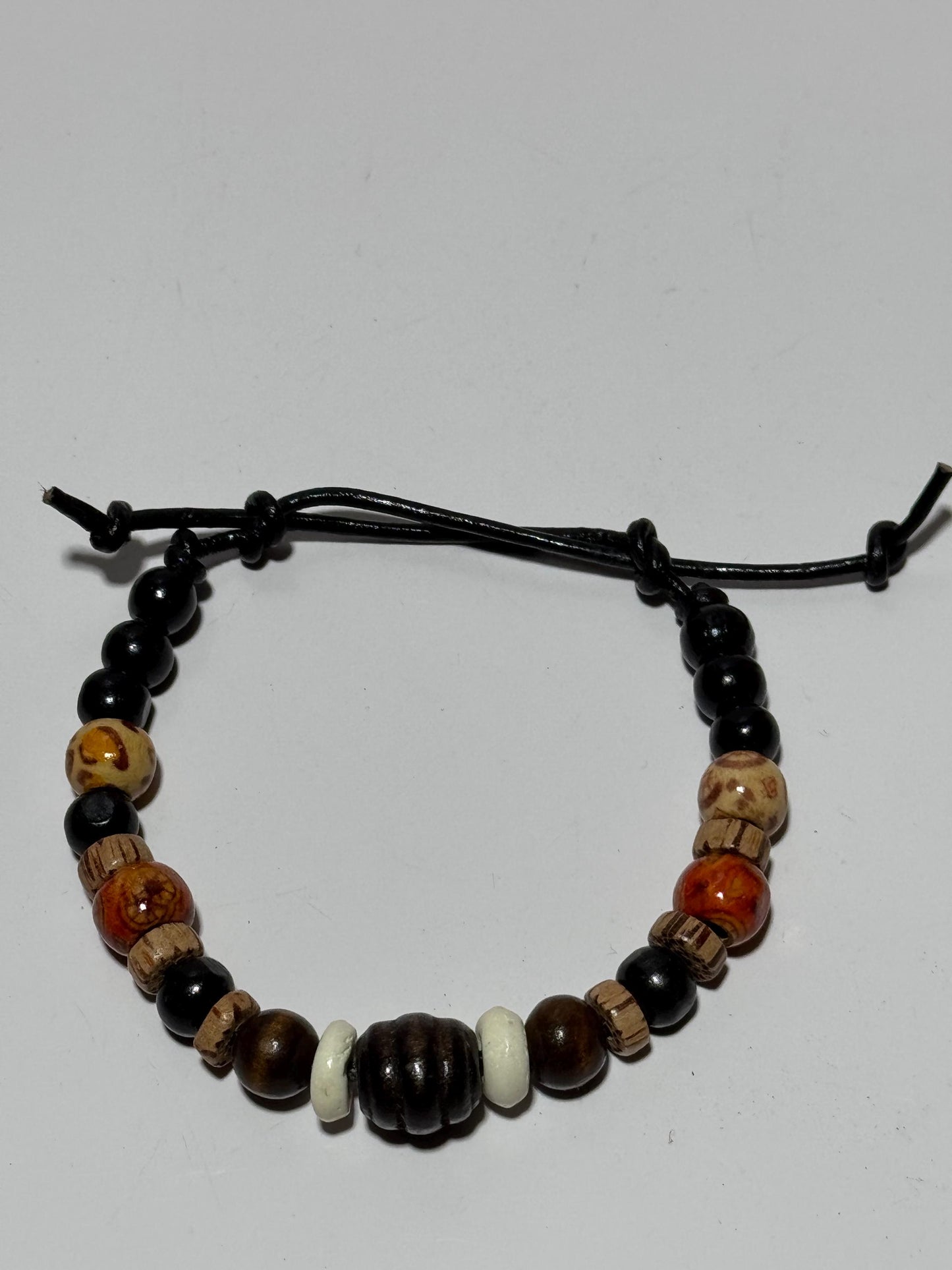 Adjustable Bracelet with Wood Beads, Bone Highlights & Leather Cord, 6 1/2” - 8 1/2”, Boho, Beaded Bracelet, Gift