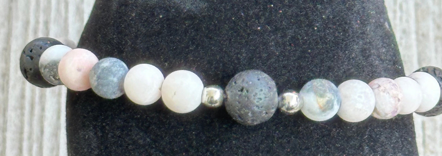 Anxiety Bracelet, Stress Bracelet, Empathy Bracelet, Peace Bracelet, Pink Zebra Jasper Bracelet, Black Lava Bracelet, Essential Oil, 6.5”