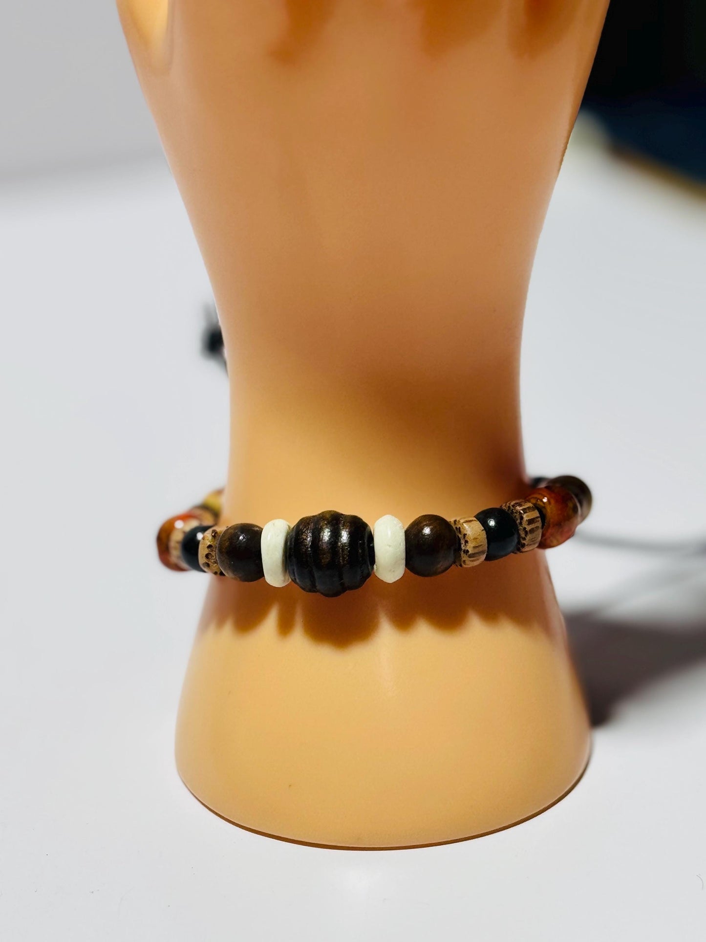Adjustable Bracelet with Wood Beads, Bone Highlights & Leather Cord, 6 1/2” - 8 1/2”, Boho, Beaded Bracelet, Gift