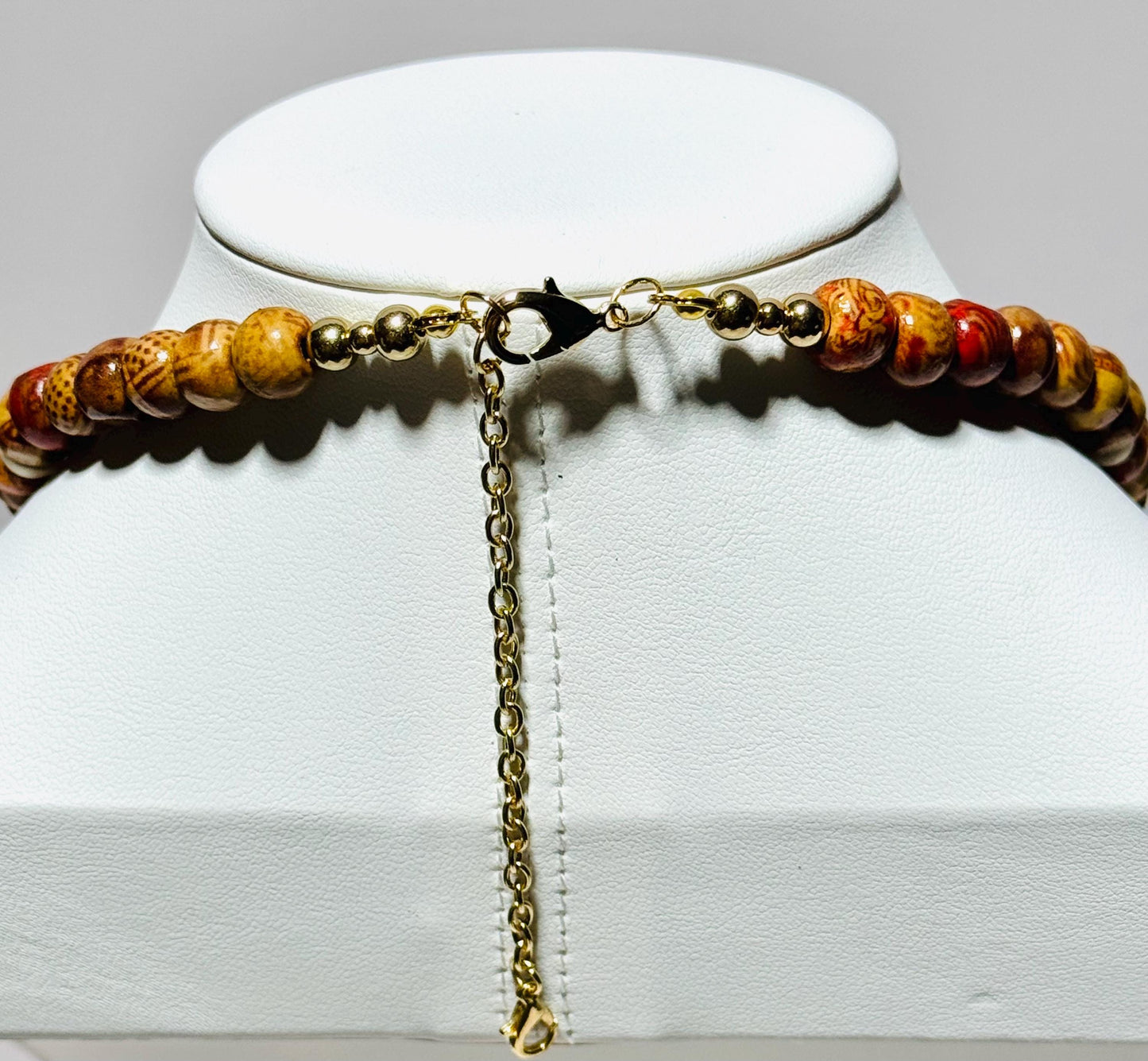 Beaded Necklace, Wood Necklace, Choker Necklace with Wood Beads, Bone, 3” Chain Extender, 17”, Gift for Her