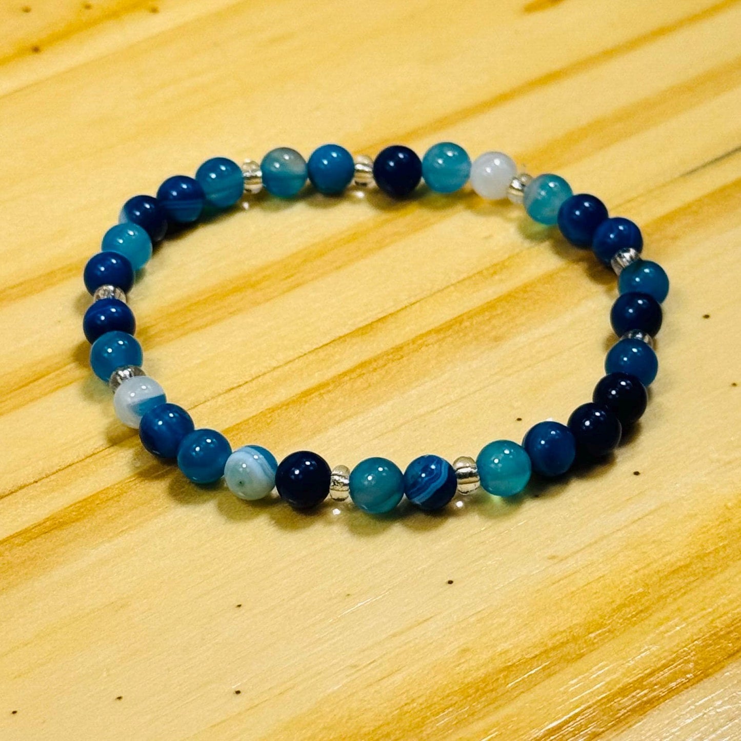 Stress, Anxiety, Emotional Balance, Tranquility, Empathy, Blue Agate Bracelet, Stretch Bracelet, Boho, Minimalist, Stacking Bracelet, 7.5"”