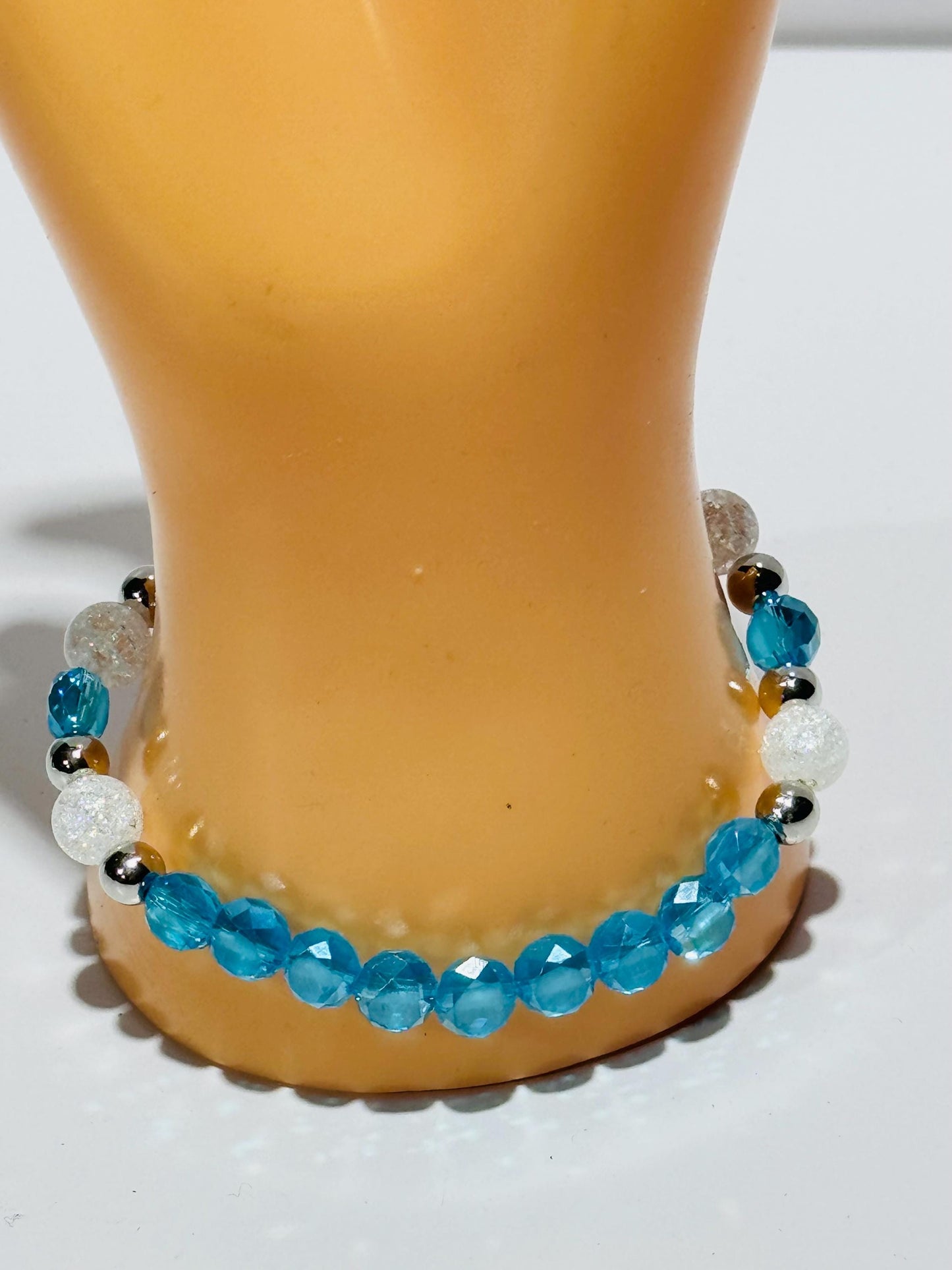 Stretch Believe Charm Bracelet, Crackle Quartz Bracelet, Handmade, Beaded Bracelet, Czech Glass Faceted Beads, Gift 7”
