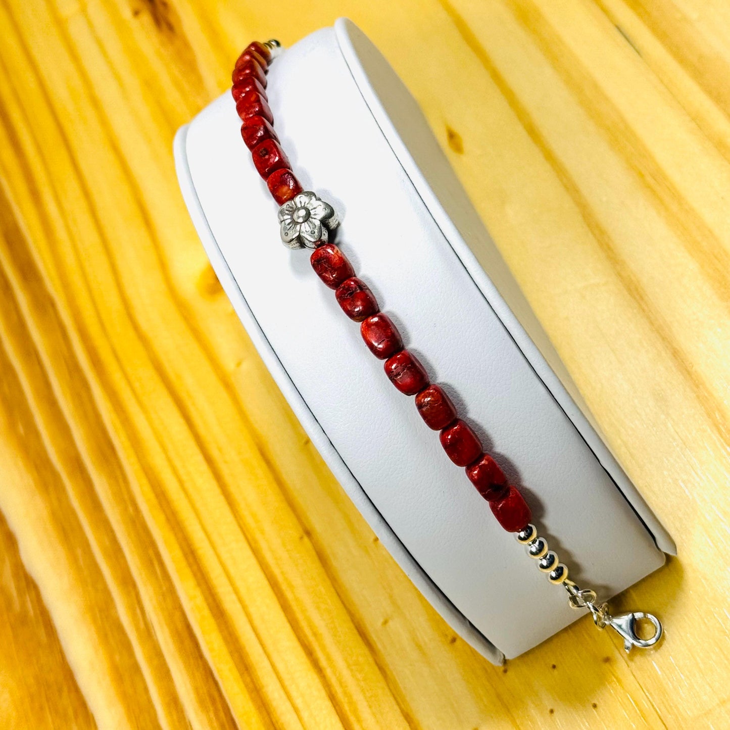 Handcrafted 925 Sterling Silver Bracelet – Natural Apple Coral, Karen Hill Tribe Sterling Silver Floral Centerpiece, Extender Chain 6.5”- 8”