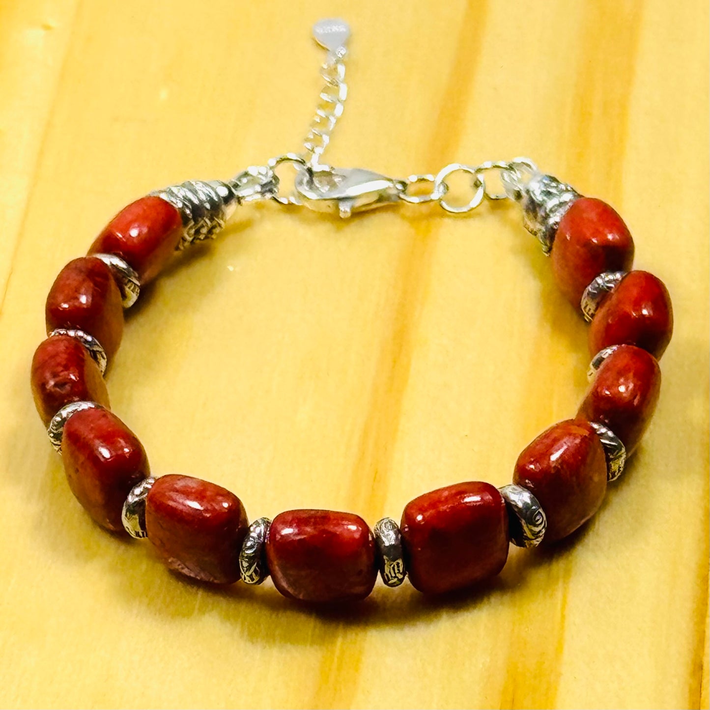 925 Sterling Silver Bracelet – Natural Apple Coral, Adjustable, Handcrafted, Karen Hill Tribe Sterling Eye Imprint Spacer Beads 6.25” - 7.5”