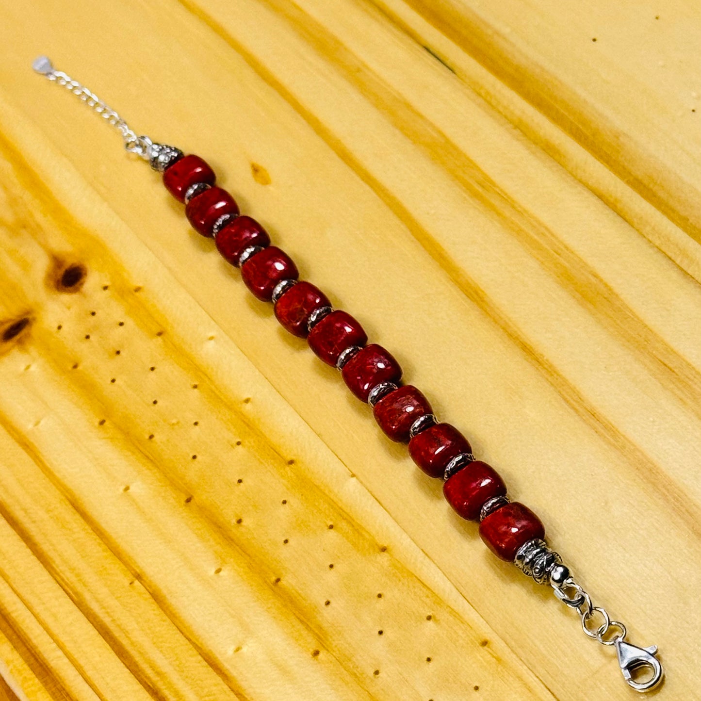 925 Sterling Silver Bracelet – Natural Apple Coral, Adjustable, Handcrafted, Karen Hill Tribe Sterling Eye Imprint Spacer Beads 6.25” - 7.5”