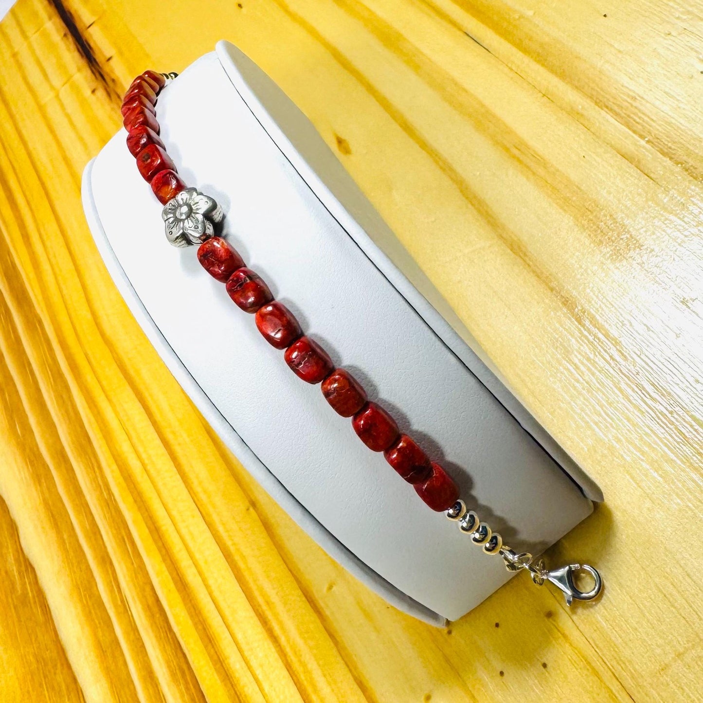 Handcrafted 925 Sterling Silver Bracelet – Natural Apple Coral, Karen Hill Tribe Sterling Silver Floral Centerpiece, Extender Chain 6.5”- 8”