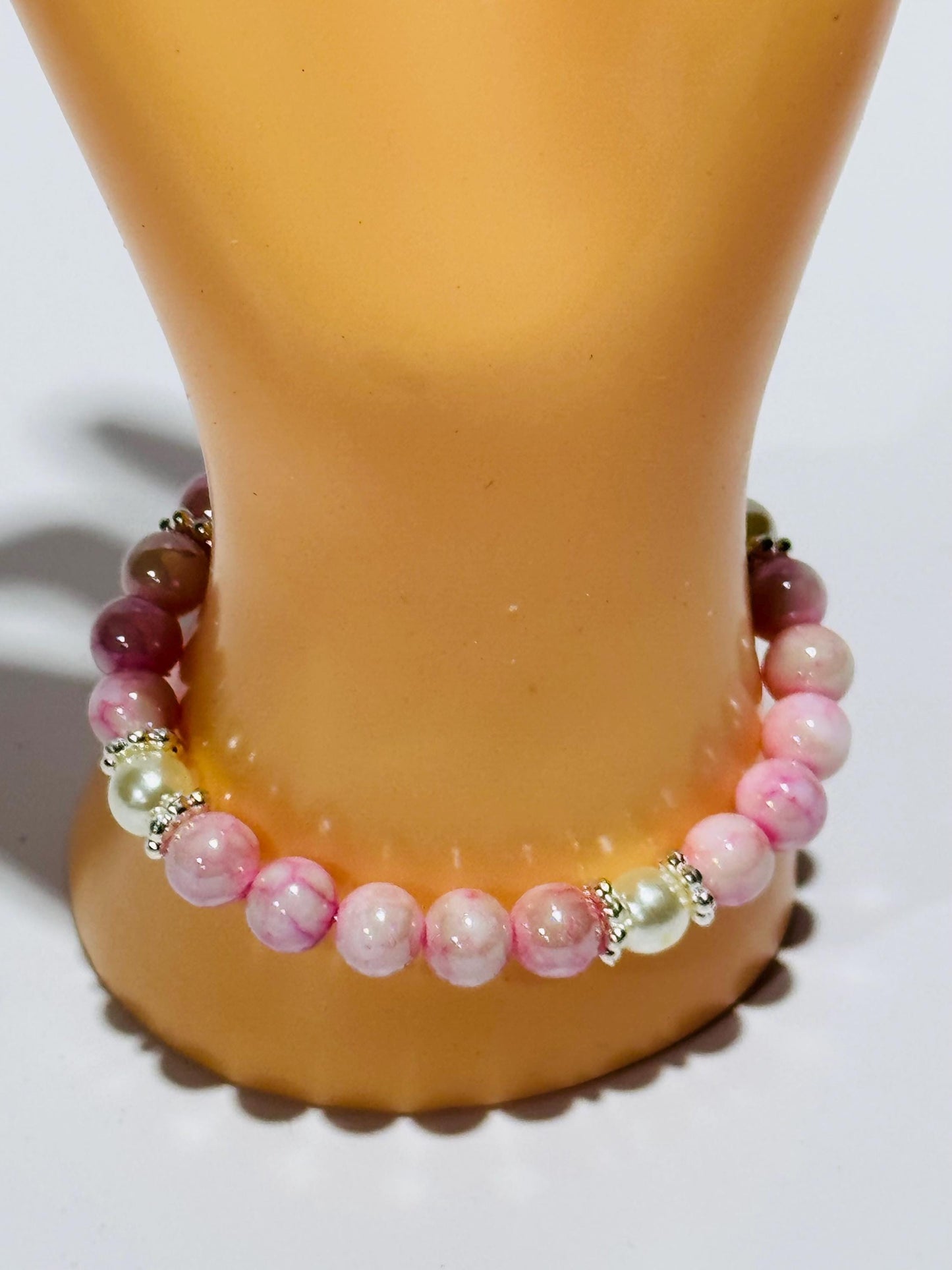 Pink Opalescent Crystal Bracelet, Pearl Stretch Bracelet, Fresh Water Pearl Bracelet, Boho Bracelet, Minimalist, Stacking, Gift 6.5”