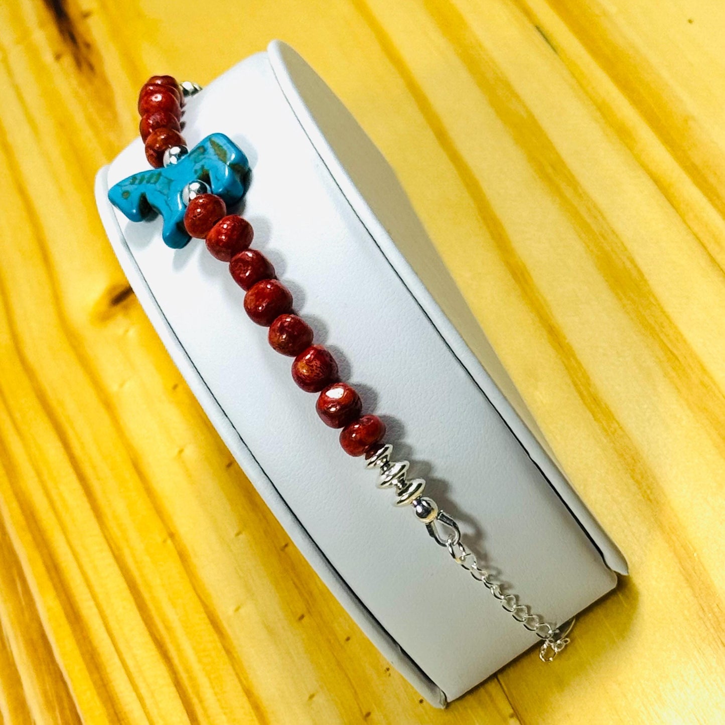 Handcrafted 925 Sterling Silver Bracelet – Apple Coral, Howlite-Turquoise Double Carved Stone Horse, Adjustable, Extender Chain 6” - 7.5”