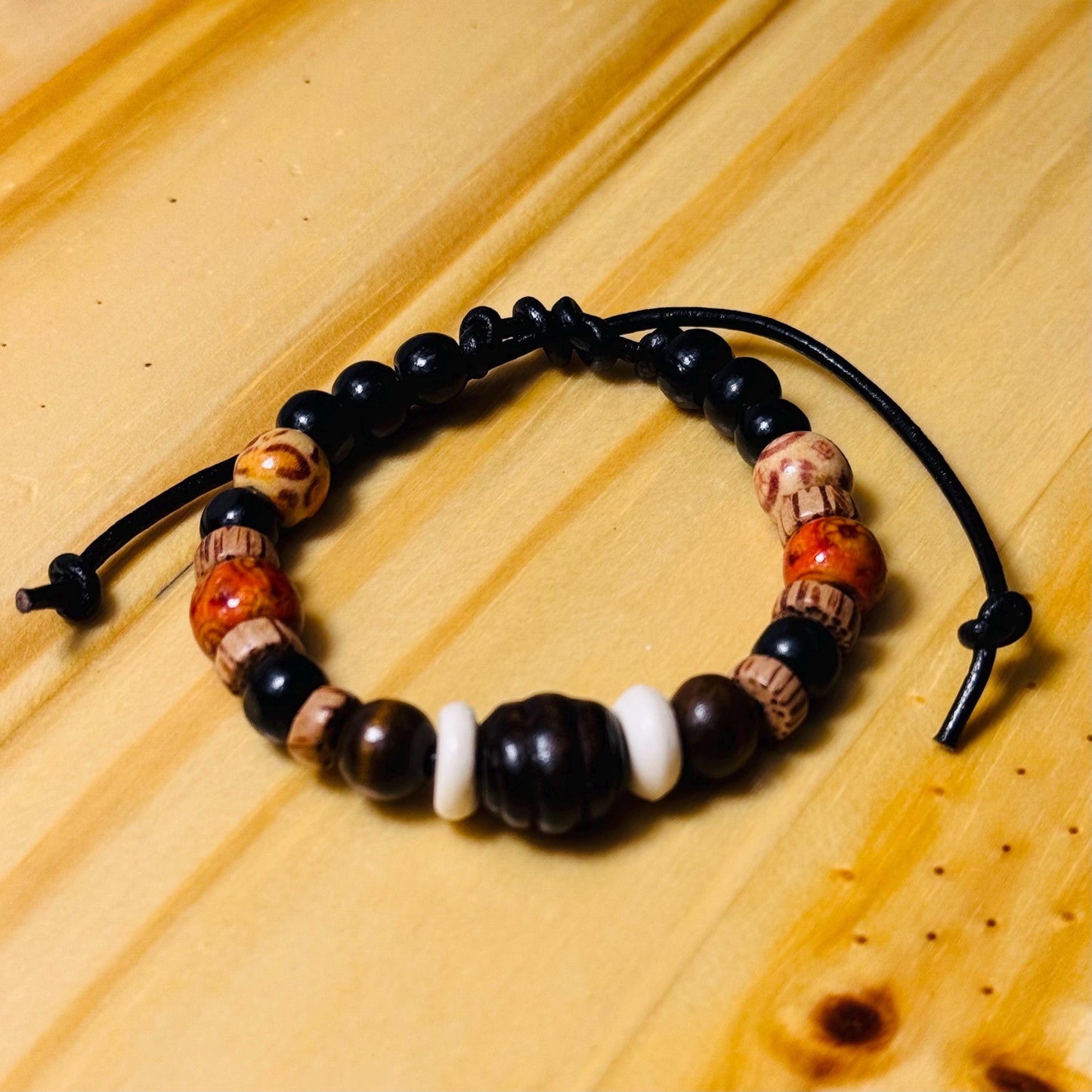 Adjustable Bracelet with Wood Beads, Bone Highlights & Leather Cord, 6 1/2” - 8 1/2”, Boho, Beaded Bracelet, Gift