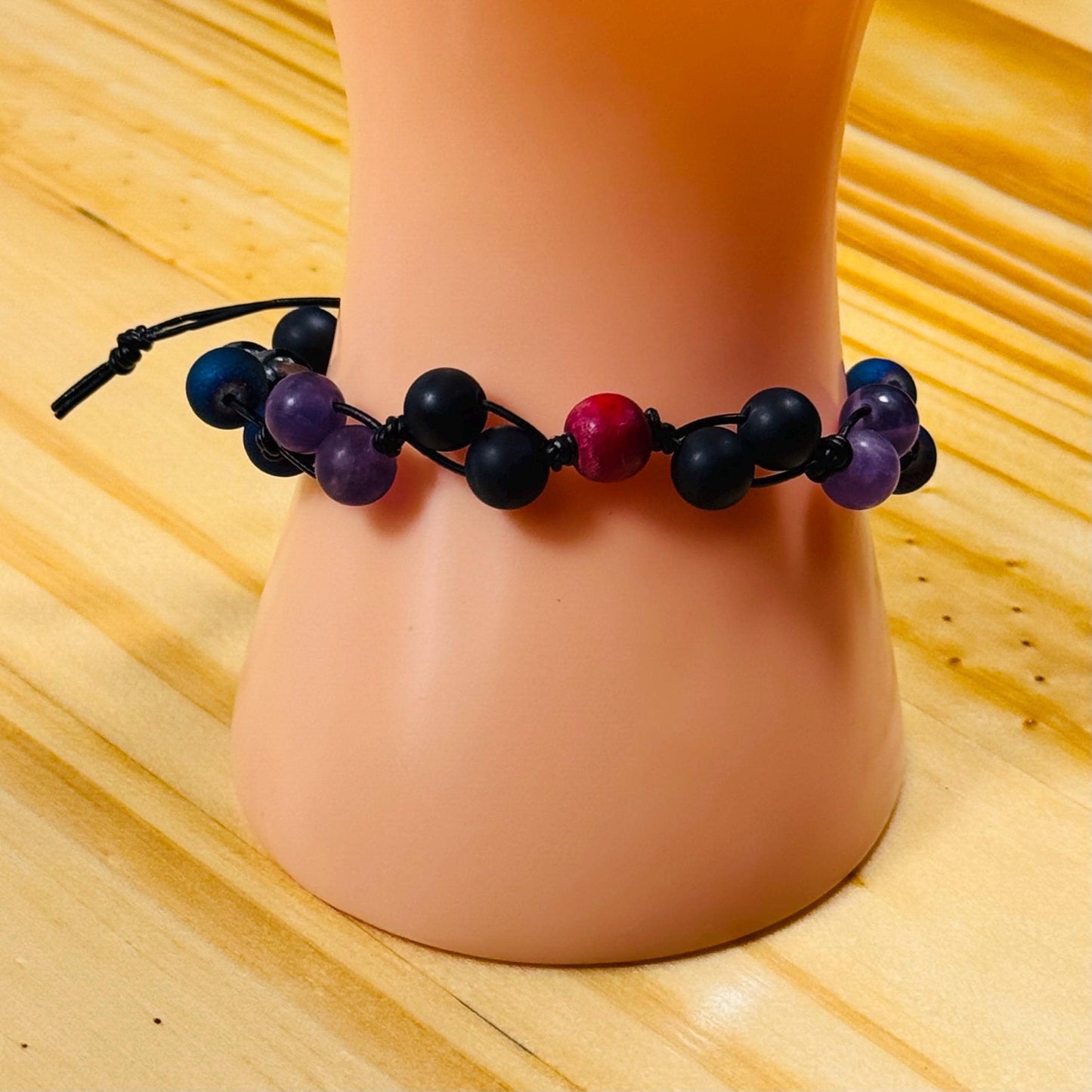 Adjustable Biker Motorcycle Bracelet, Leather Cord, Stone & Wood Beads Adjustable, Red Black Smoke Purple. 6.5” - 9.5”