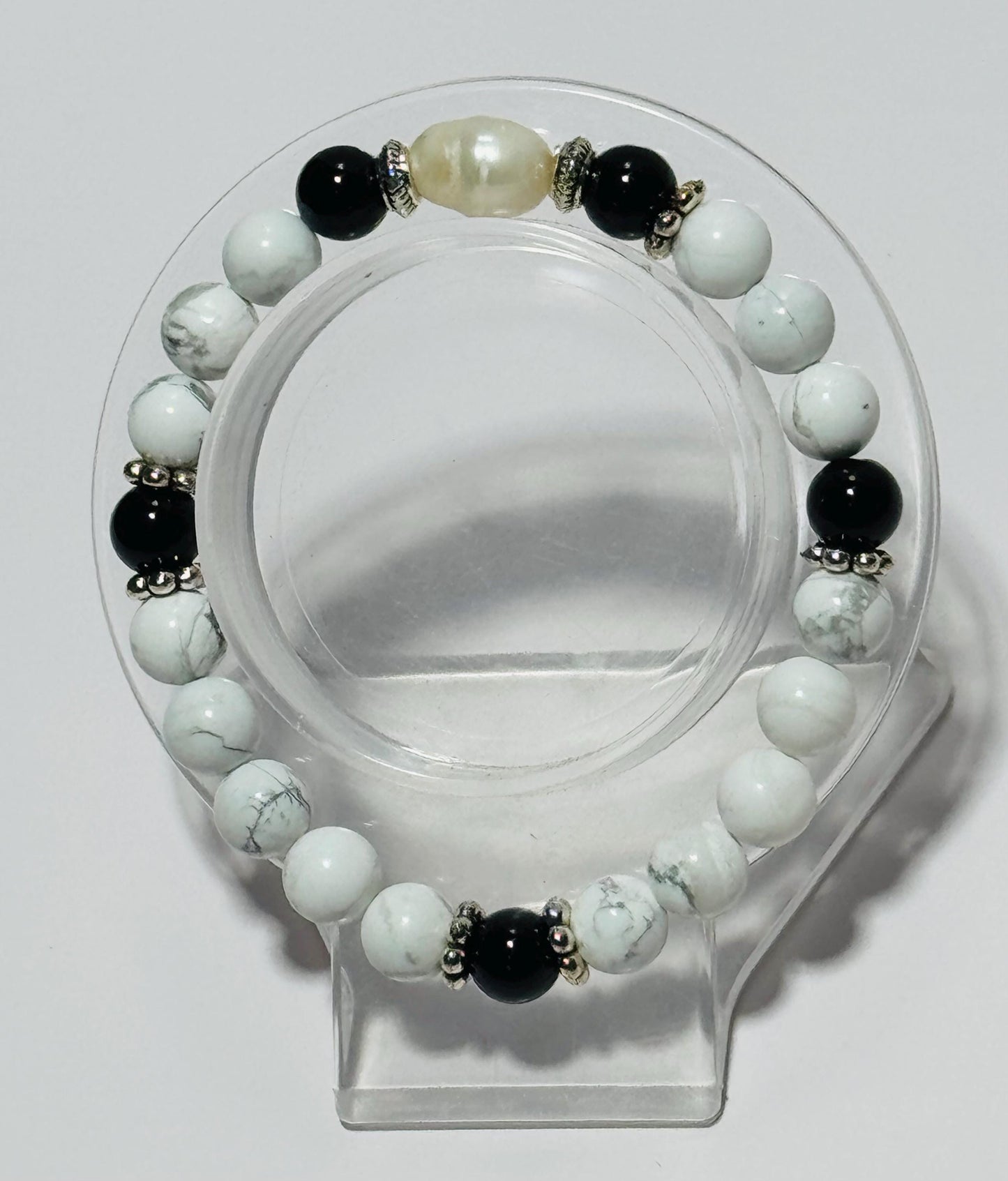 Natural White Howlite, Black Onyx & Potato Pearl 6 3/4” Stretch Bracelet Clarity, Patience, New Beginnings Handmade Beaded Gemstones