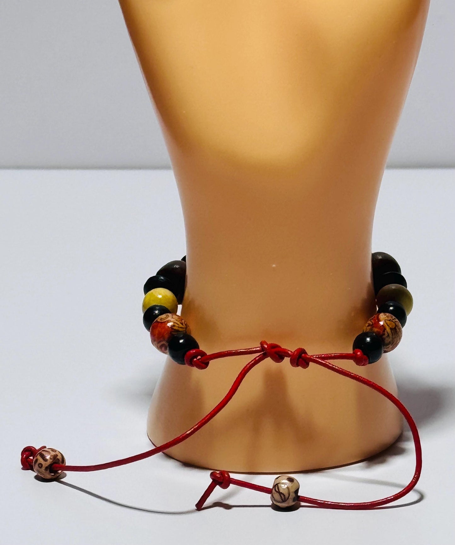 Adjustable Wood Bracelet, Wood Biker Bracelet, Wood Motorcycle Bracelet, Minimalist, Red Leather Cord 6” - 9 1/2”