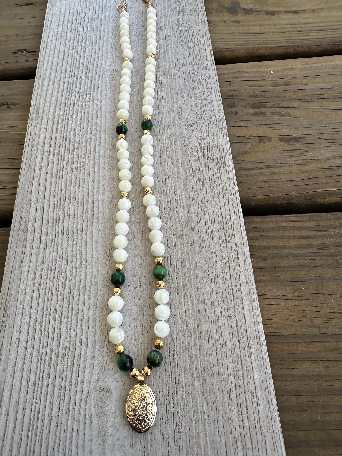 Mother of Pearl Pendant Necklace, Chunky, Boho, Locket Pendant, Gemstone Necklace, Gift for Her, Green Tiger Eye, Prosperity, Courage, 26”