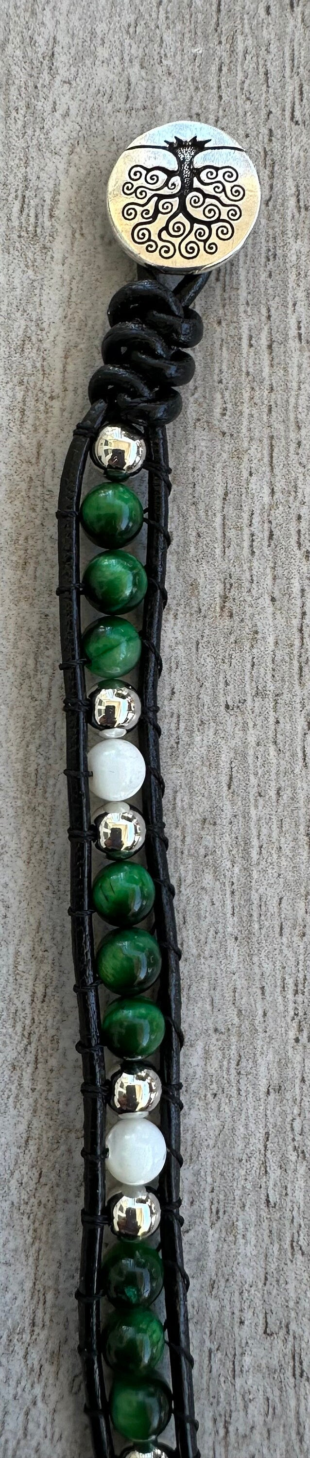White Mother of Pearl Leather Wrap Bracelet, Boho, Green Tiger Eye Leather Bracelet, Beaded, 7 3/4”-8” Prosperity