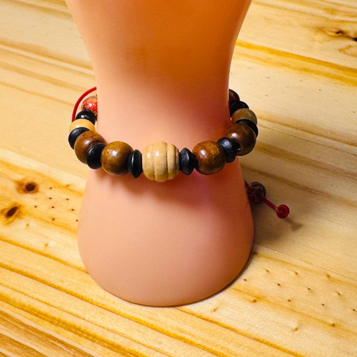 Adjustable Wood Bracelet, Wood Biker Bracelet, Wood Motorcycle Bracelet, Minimalist, Red Leather Cord 6” - 9 1/2”