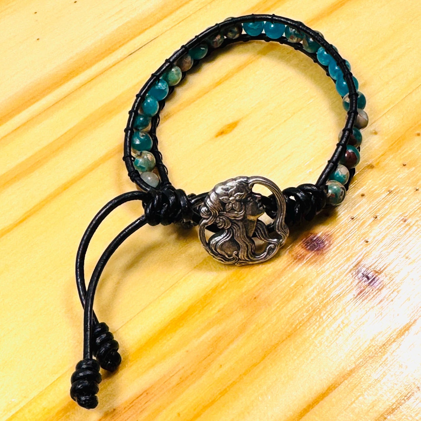 Peace, Tranquility, Spiritual Growth, Strength, Healing, Root & Heart Chakras, Imperial Jasper Leather Bracelet, Button Closure, 7” - 7.5”
