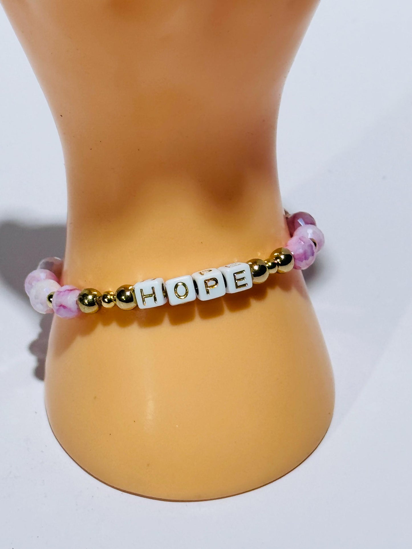 Hope Charm Stretch Bracelet, Dainty Pink Faceted Crystal Bead Bracelet, Pink Boho Bracelet, Minimalist, Stacking Bracelet, Gift, 6.5”