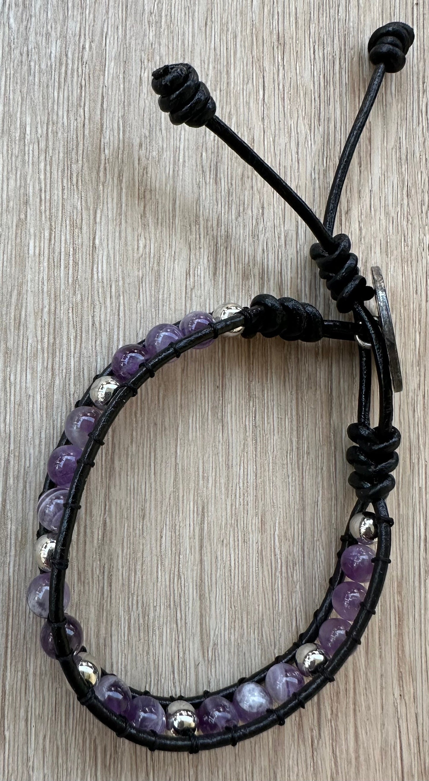 Calming, Anxiety, Tranquility, Protection, Negativity, Fear, Emotional Balance, Amethyst Bracelet, Black Leather,Button Closure, 7”-7.5”