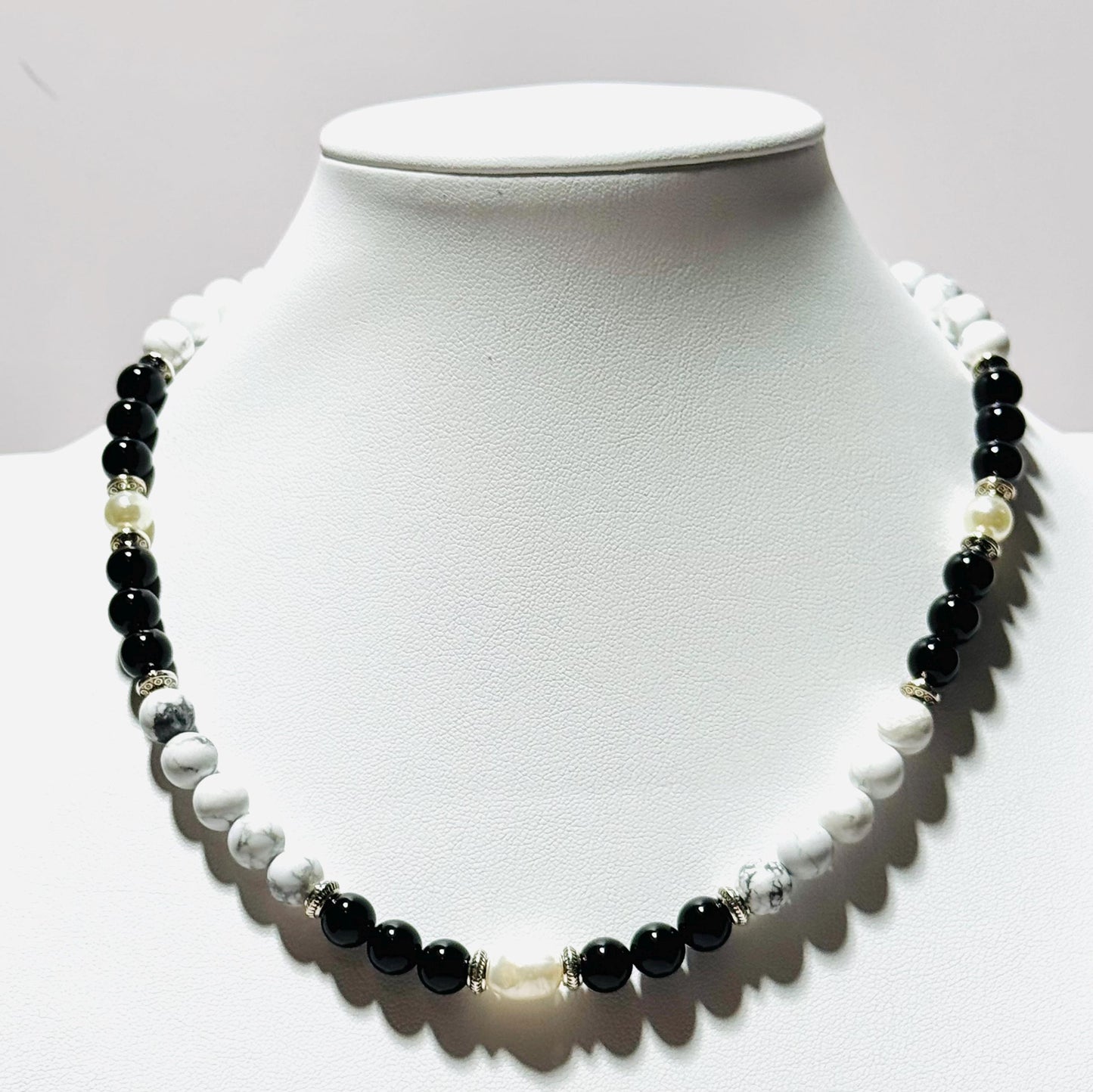Natural Howlite Necklace, Minimalist, Black Onyx, Pearl Necklace, Handmade, Beaded, Gemstone, Gift for Her, 18” New Beginnings, Clarity