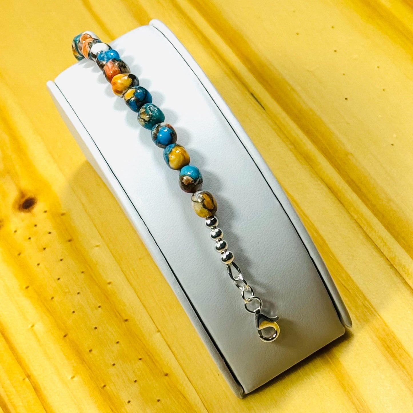 Handcrafted Kingman Bronze Spiny Oyster Turquoise Bracelet, 925 Sterling Silver, Adjustable with Extender Chain. 6.25” - 7.5”