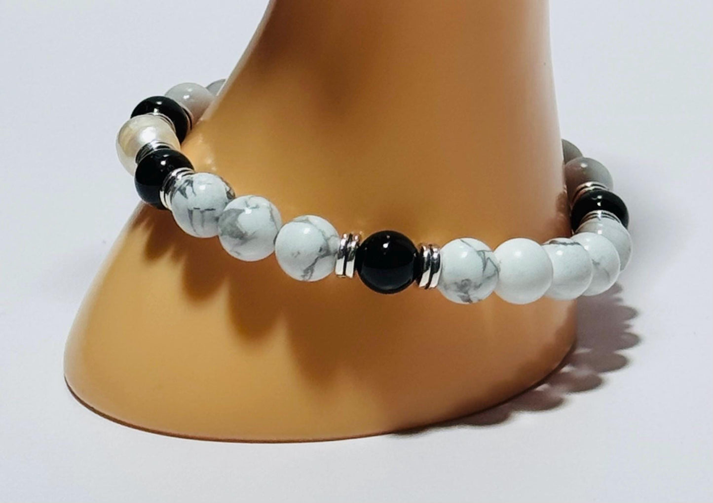 Natural Howlite Bracelet, Black Onyx & Potato Pearl Bracelet, Stacking, Boho, Bracelet, Gift, Bohemian, 7 1/2” Handmade, Beaded, Gemstones