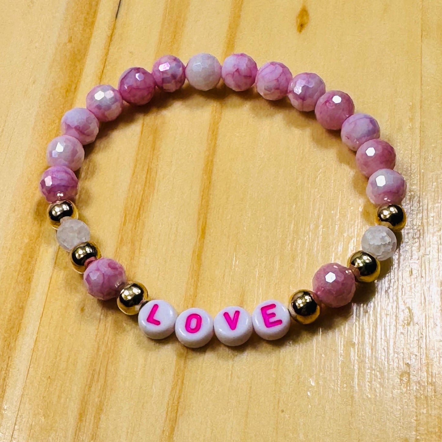 Love Stretch Bracelet, Dainty Pink Faceted Love Crystal Bracelet, Pink Boho Bracelet, Minimalist, Stacking Bracelet, Gift, 7”