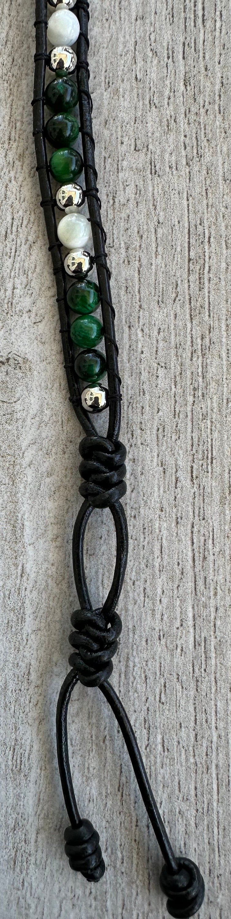 White Mother of Pearl Leather Wrap Bracelet, Boho, Green Tiger Eye Leather Bracelet, Beaded, 7 3/4”-8” Prosperity