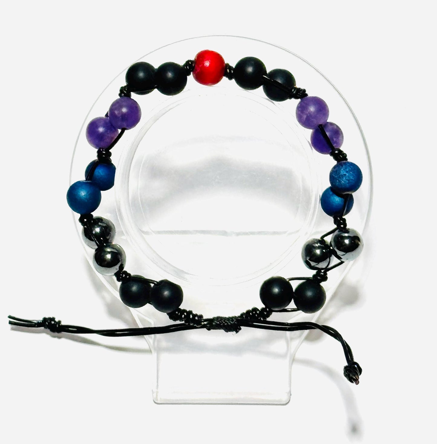 Adjustable Biker Motorcycle Bracelet, Leather Cord, Stone & Wood Beads Adjustable, Red Black Smoke Purple. 6.5” - 9.5”