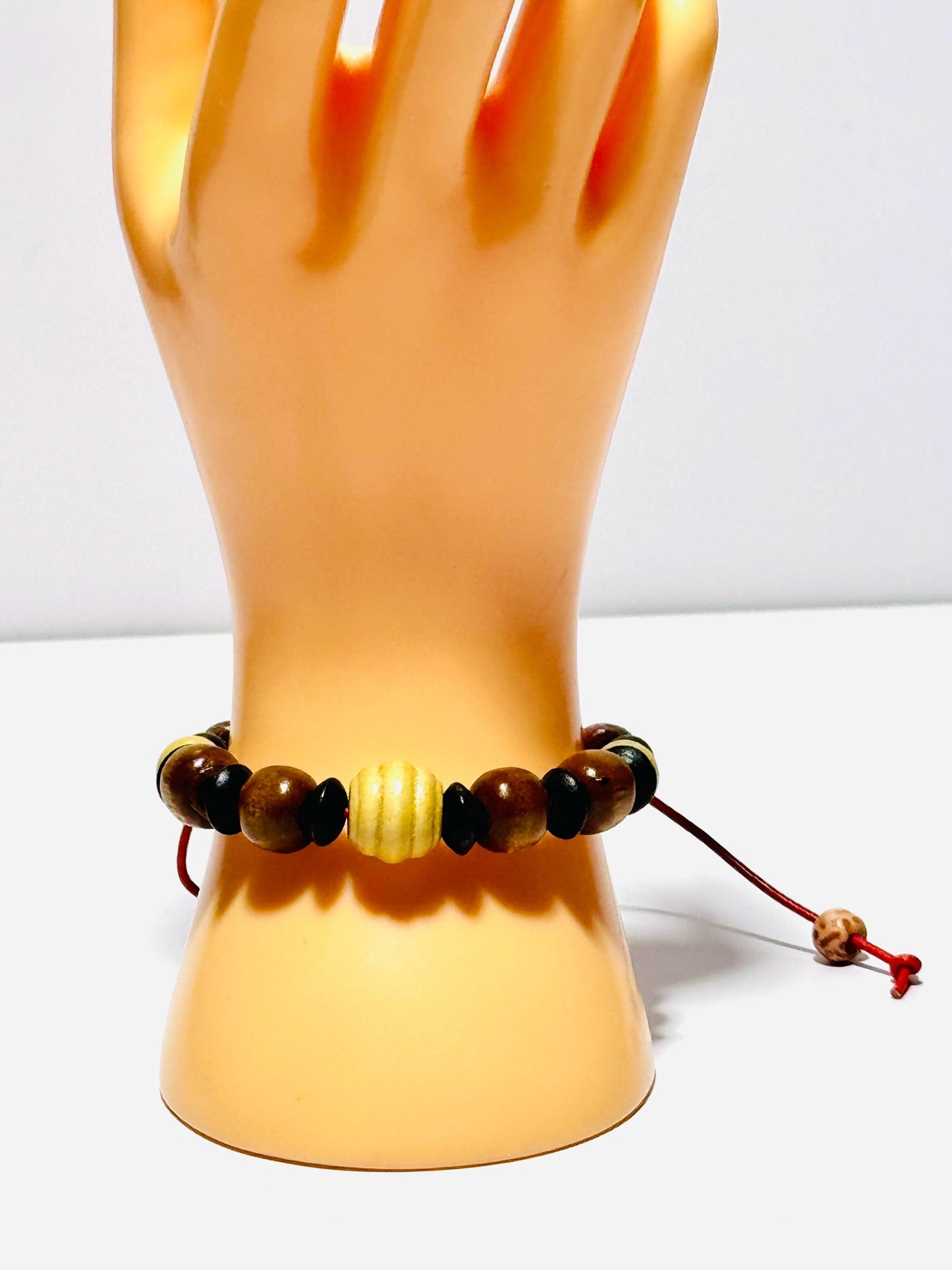 Adjustable Wood Bracelet, Wood Biker Bracelet, Wood Motorcycle Bracelet, Minimalist, Red Leather Cord 6” - 9 1/2”