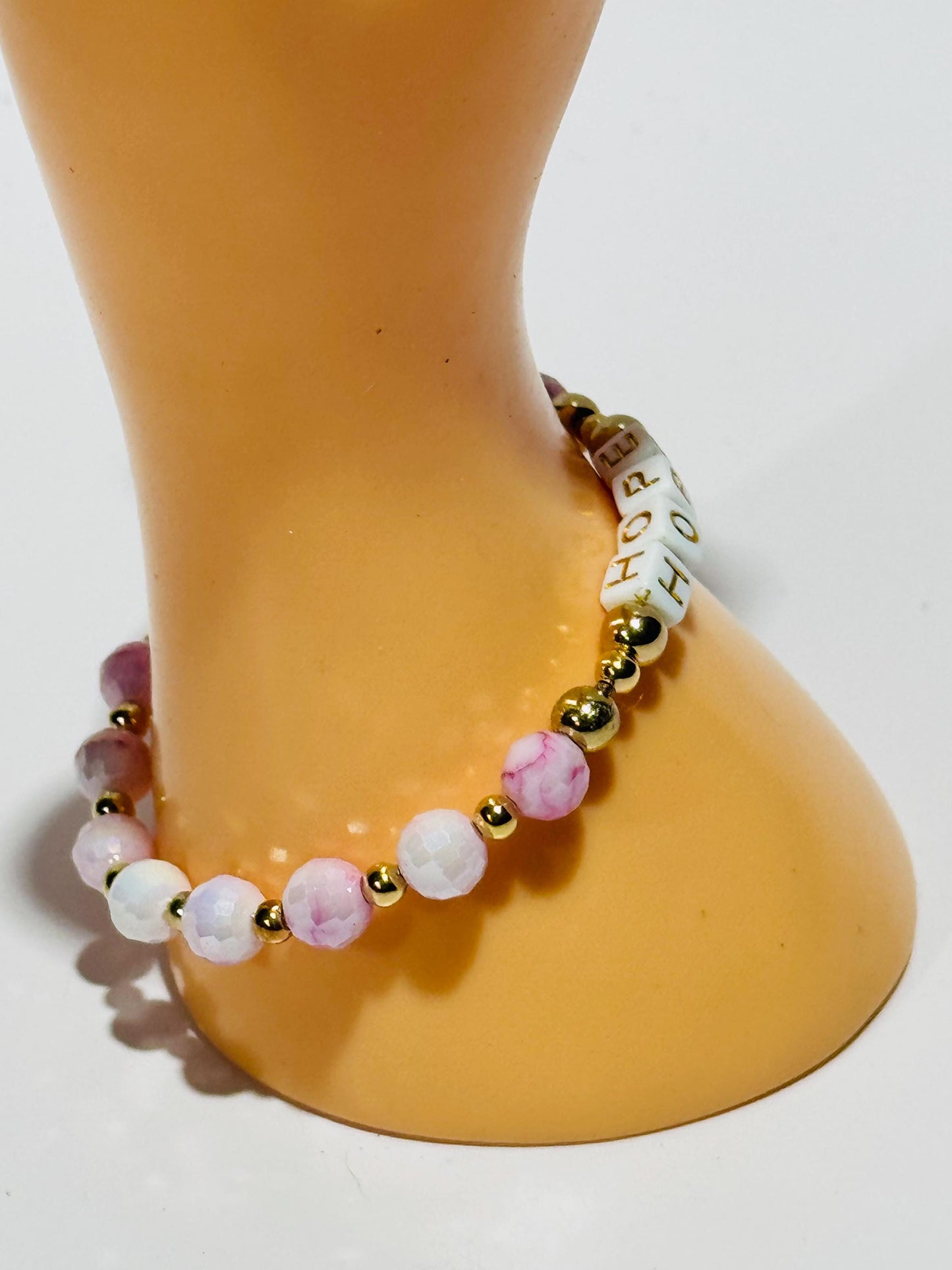Hope Charm Stretch Bracelet, Dainty Pink Faceted Crystal Bead Bracelet, Pink Boho Bracelet, Minimalist, Stacking Bracelet, Gift, 6.5”