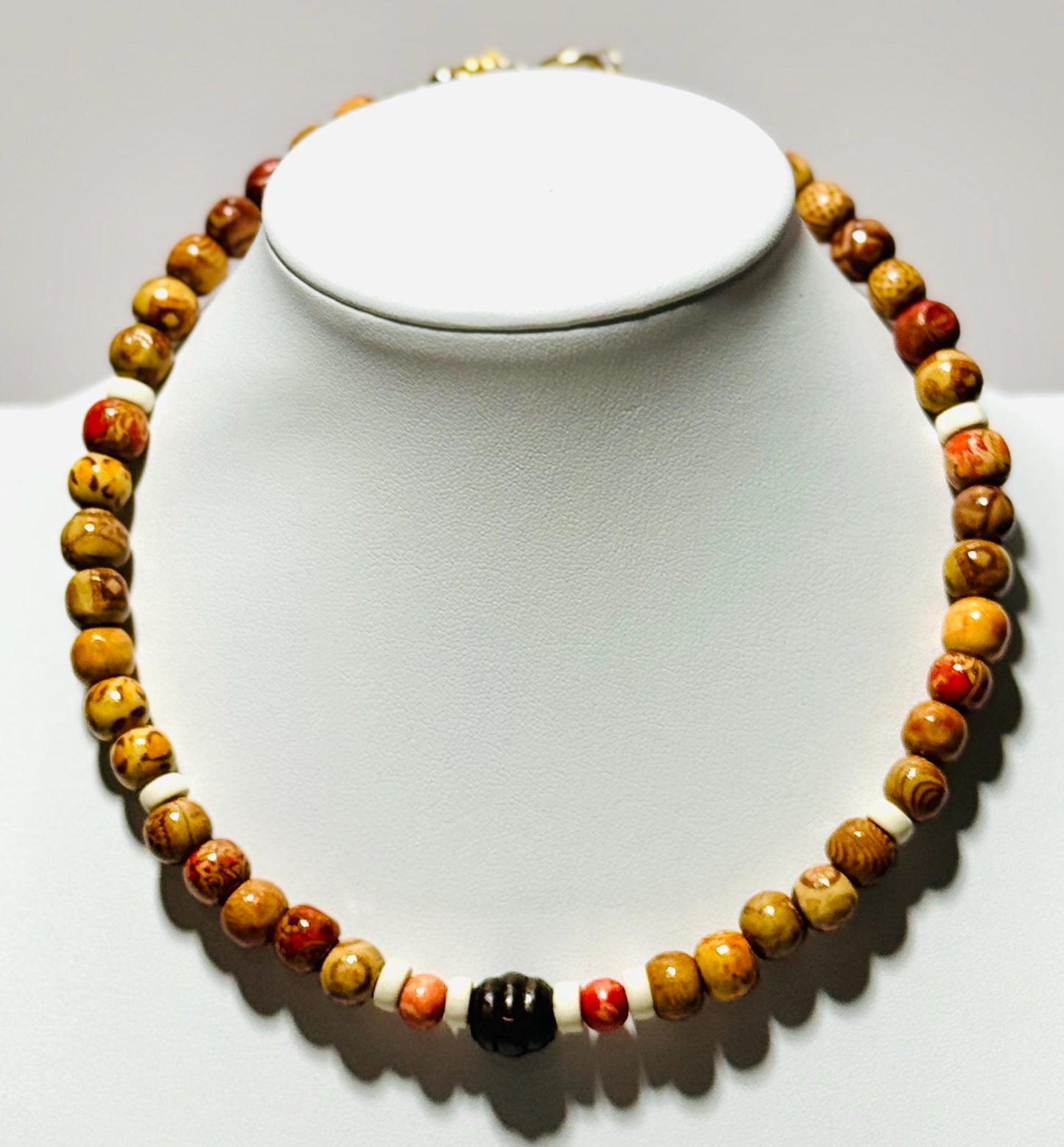 Beaded Necklace, Wood Necklace, Choker Necklace with Wood Beads, Bone, 3” Chain Extender, 17”, Gift for Her