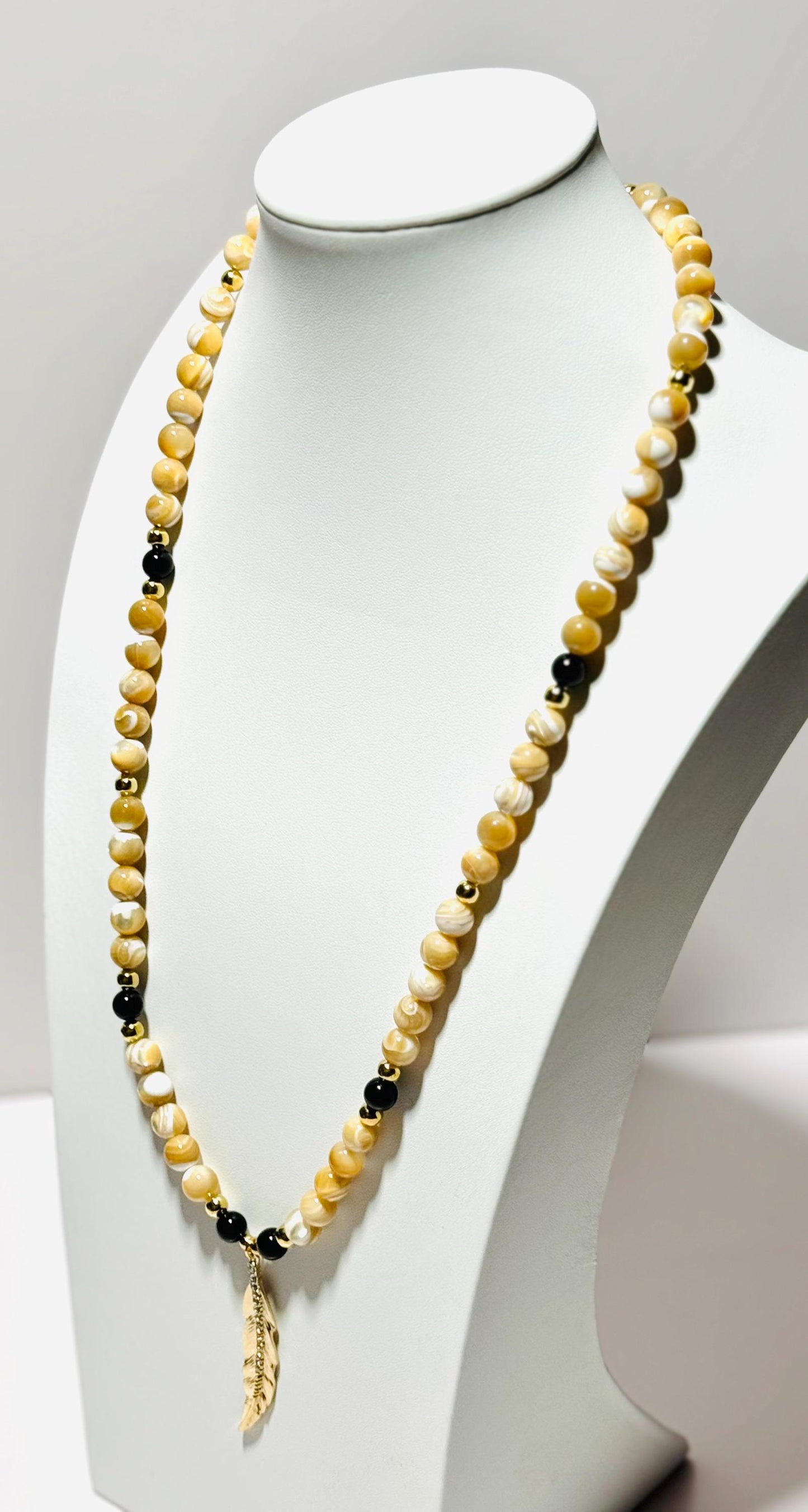 Mother of Pearl Pendant Necklace, Leaf Pendant, Black Onyx, Tiny Rhinestones, Chunky, Boho, Bohemian, Gift for Her, 28”