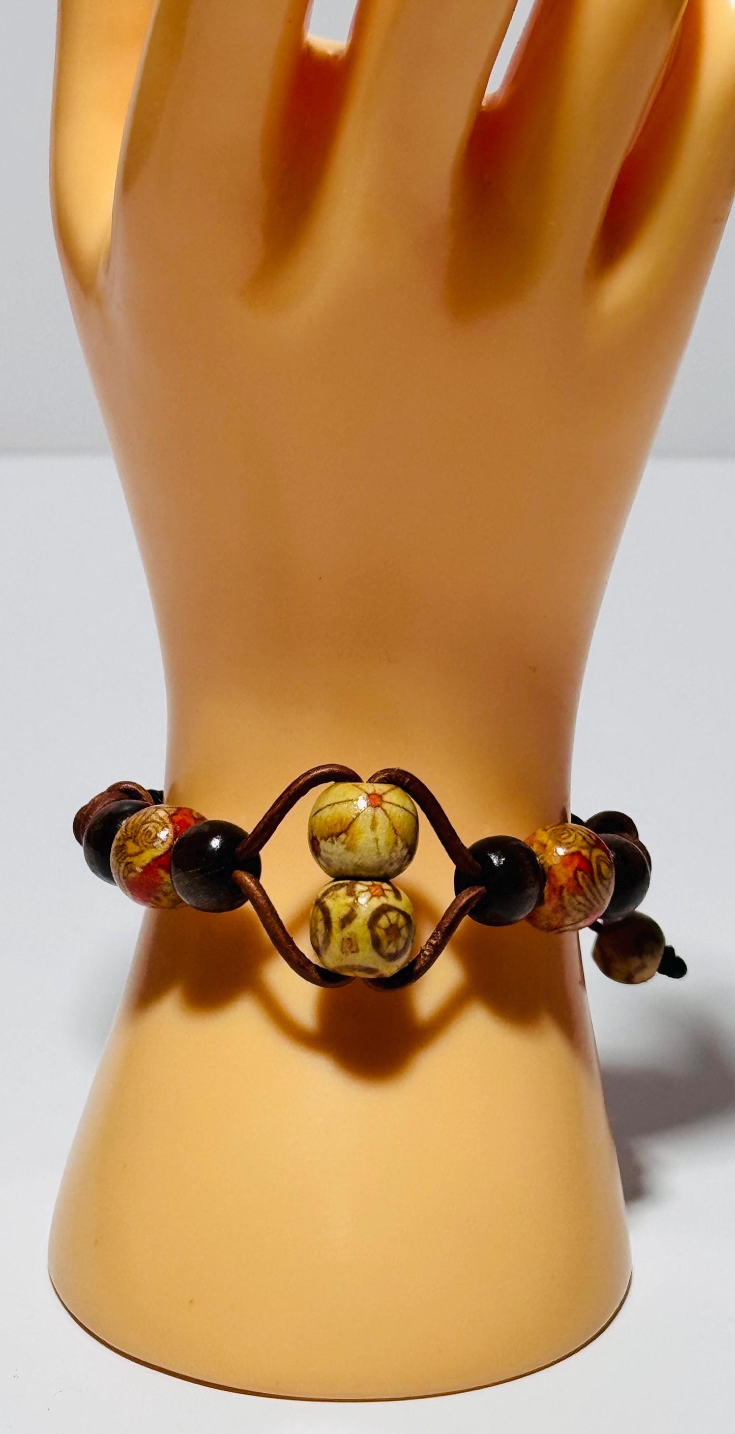 Adjustable Bracelet, Painted Wood Bracelet, Wood Biker Bracelet, Wood Motorcycle Bracelet,Boho, Minimalist, Unisex, Leather Cord 5” - 8 1/2”